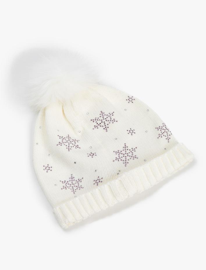 Kız Çocuk Ponponlu Triko Bere Boncuk Detaylı