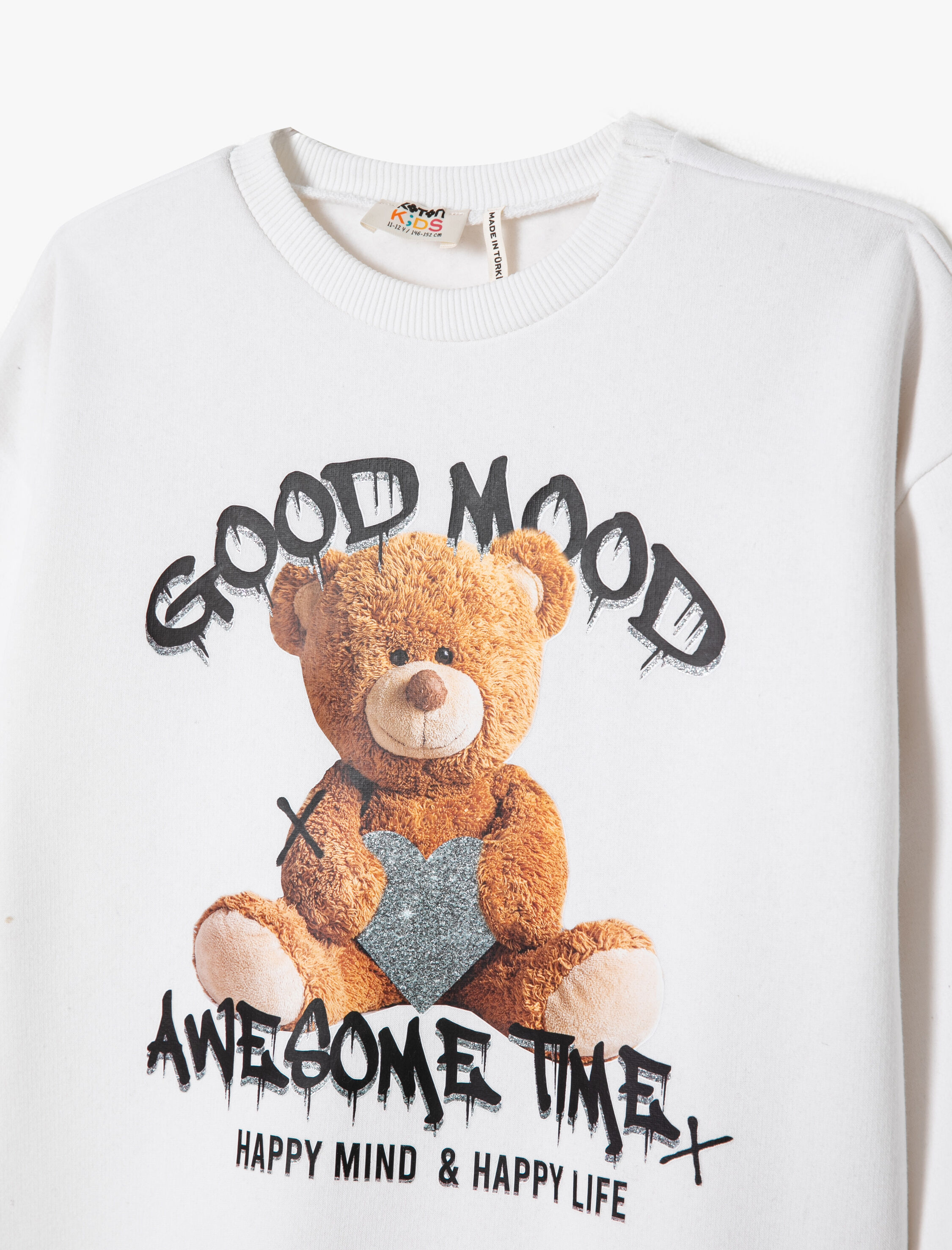  Kız Çocuk Ayıcık Baskılı Sweatshirt Uzun Kollu Bisiklet Yaka Şardonlu