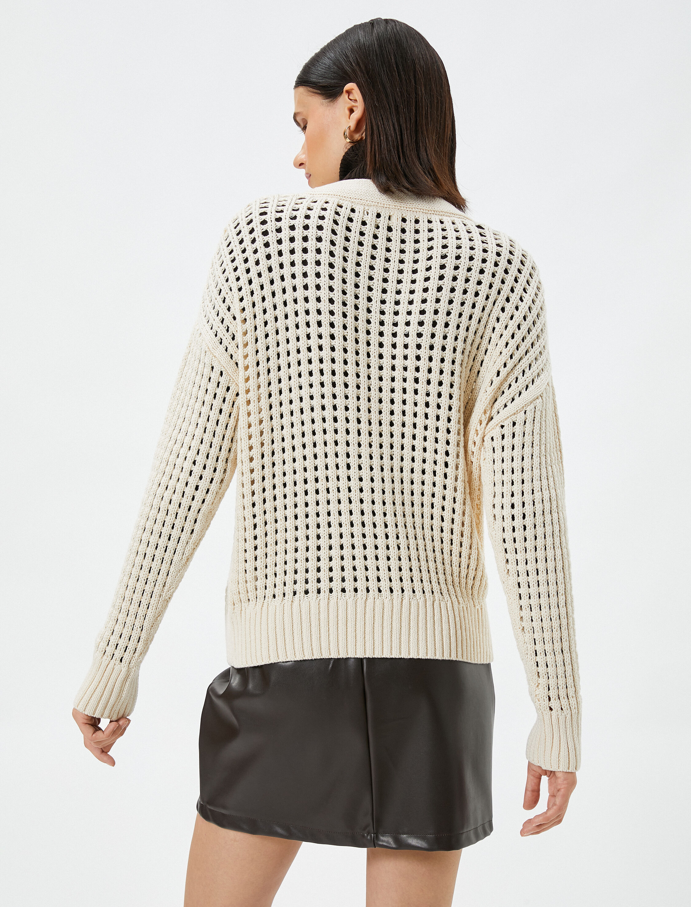   Örgü Hırka Ajurlu Düğme Detaylı Uzun Kollu Pamuklu