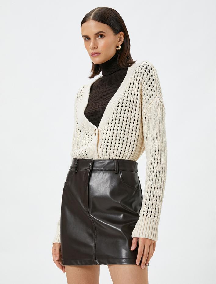  Örgü Hırka Ajurlu Düğme Detaylı Uzun Kollu Pamuklu