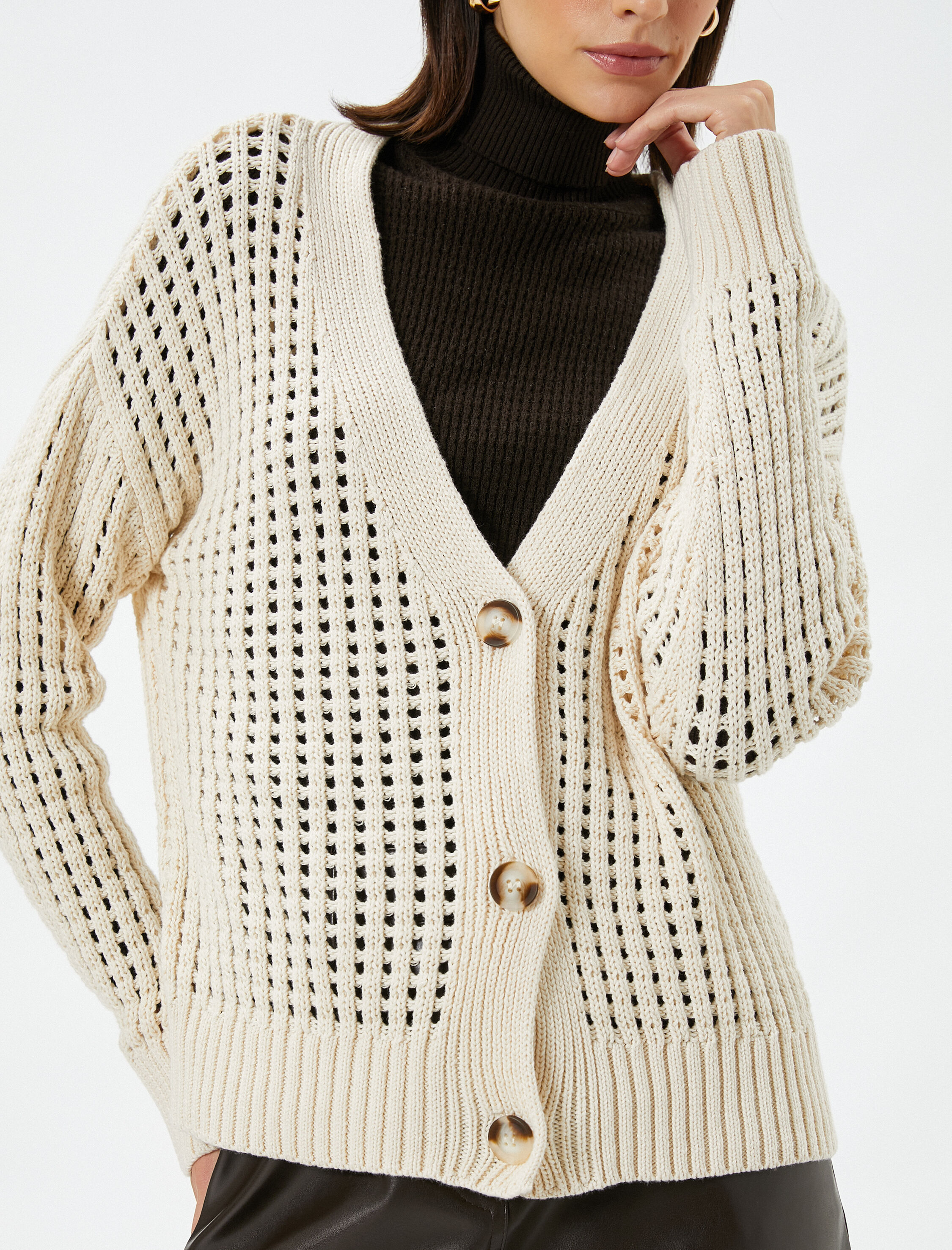   Örgü Hırka Ajurlu Düğme Detaylı Uzun Kollu Pamuklu