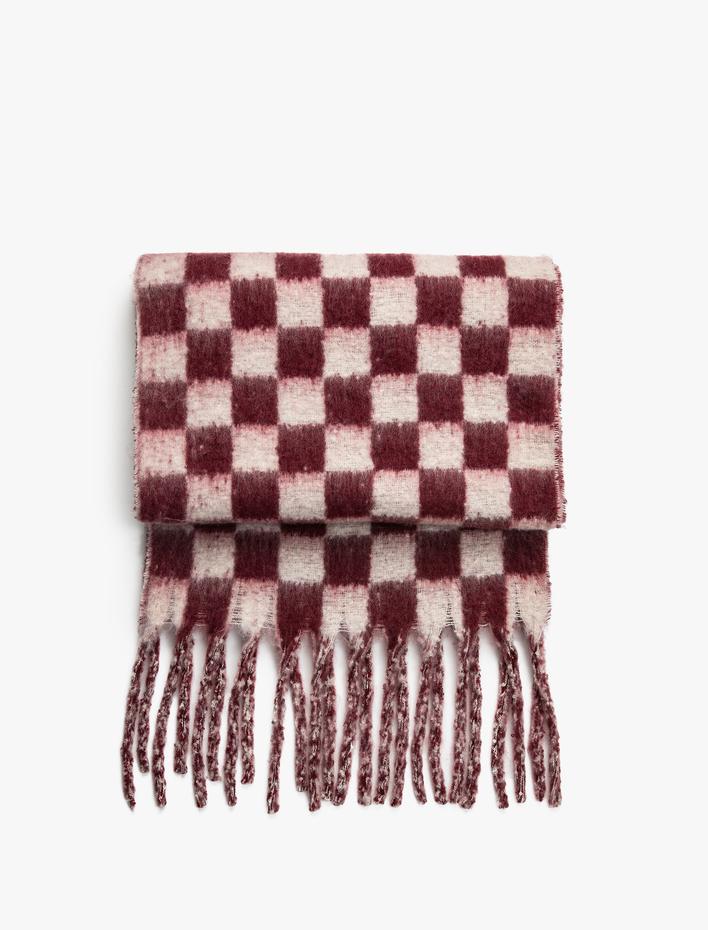 Kadın Atkı Kareli Yumuşak Dokulu Püsküllü