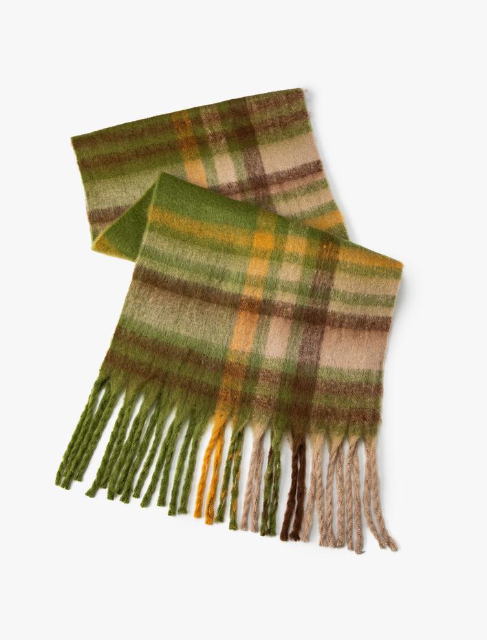 Kadın Atkı Kareli Yumuşak Dokulu Püsküllü