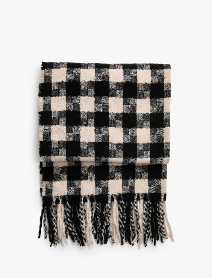 Kadın Atkı Kareli Yumuşak Dokulu Püsküllü