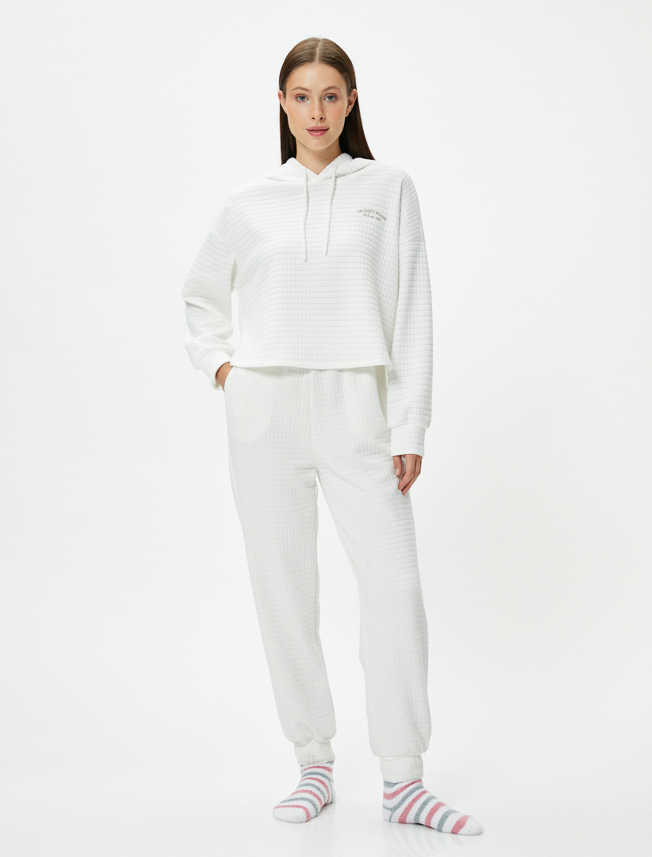   Sweatshirt Pijama Üstü Kapüşonlu Dokulu Slogan Nakışlı