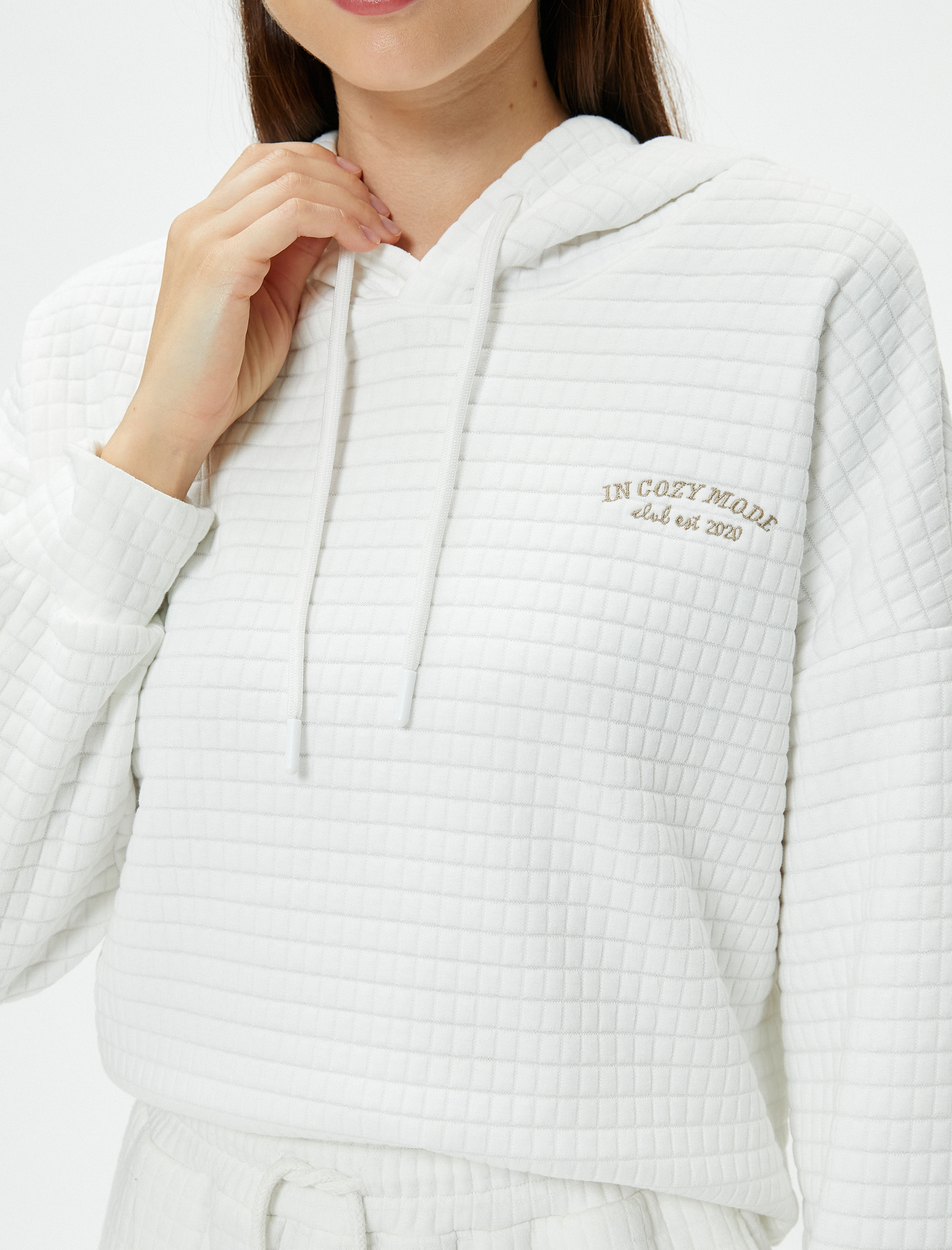   Sweatshirt Pijama Üstü Kapüşonlu Dokulu Slogan Nakışlı