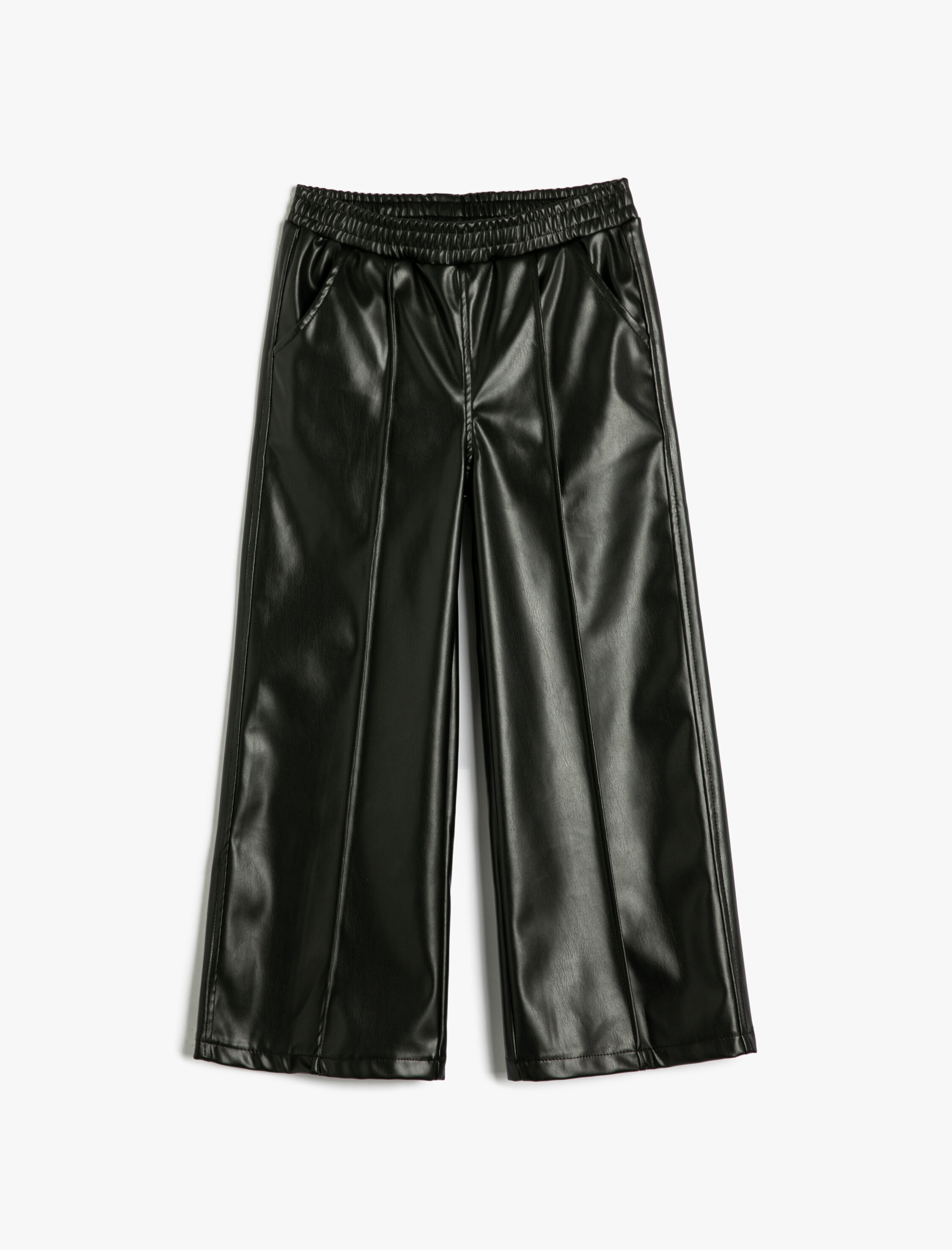  Kız Çocuk Geniş Paça Pantolon Deri Görünümlü