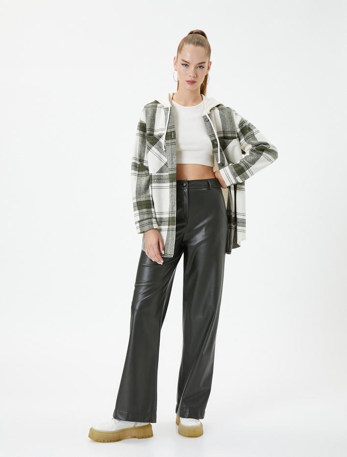  Kapşonlu Oversize Oduncu Gömlek İki Farklı Kumaş Kullanımlı Cepli