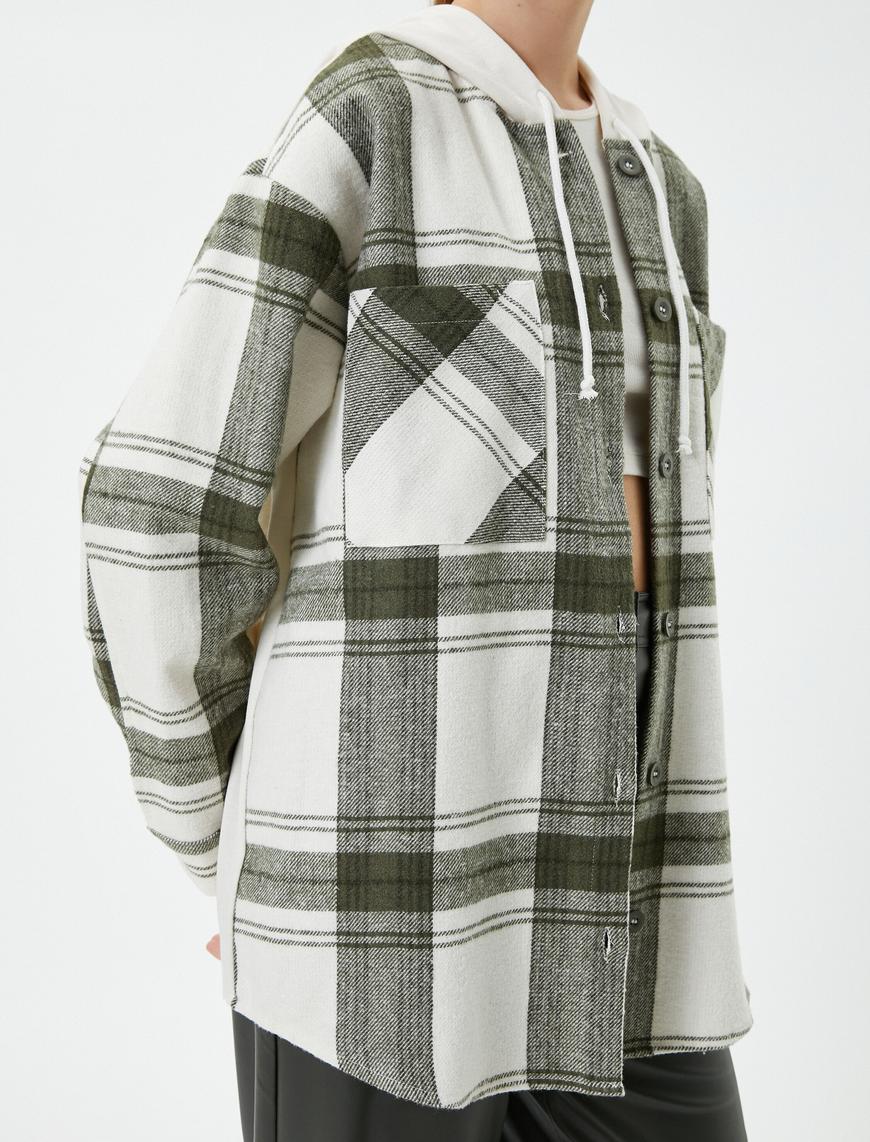   Kapşonlu Oversize Oduncu Gömlek İki Farklı Kumaş Kullanımlı Cepli