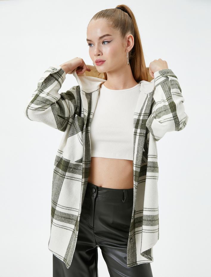  Kapşonlu Oversize Oduncu Gömlek İki Farklı Kumaş Kullanımlı Cepli