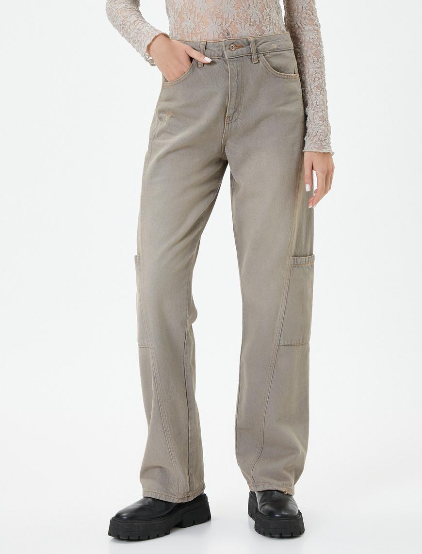   Straight Jean Kargo Kot Pantolon Düz Paça Normal Bel Cepli Pamuklu - Nora Jeans