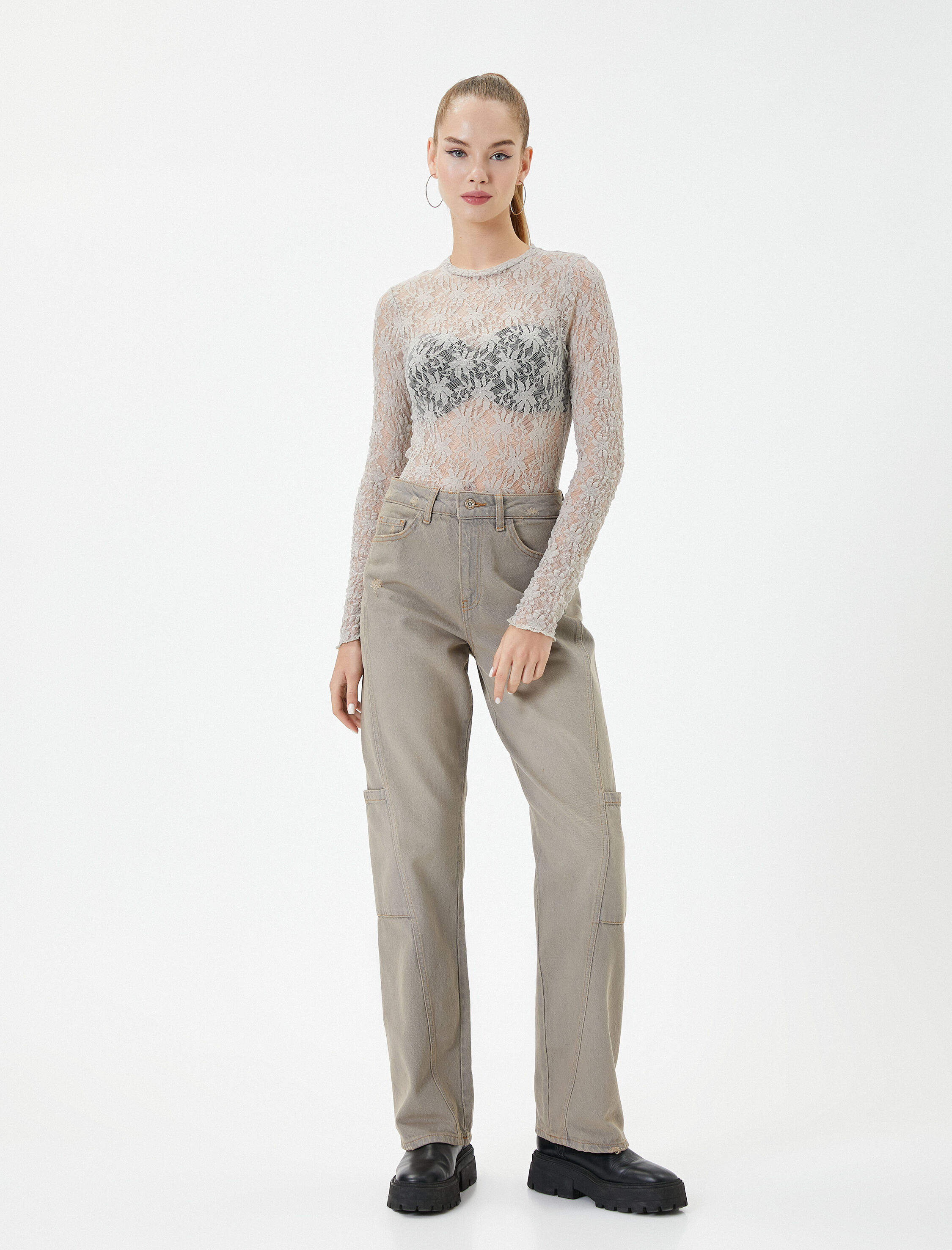   Straight Jean Kargo Kot Pantolon Düz Paça Normal Bel Cepli Pamuklu - Nora Jeans