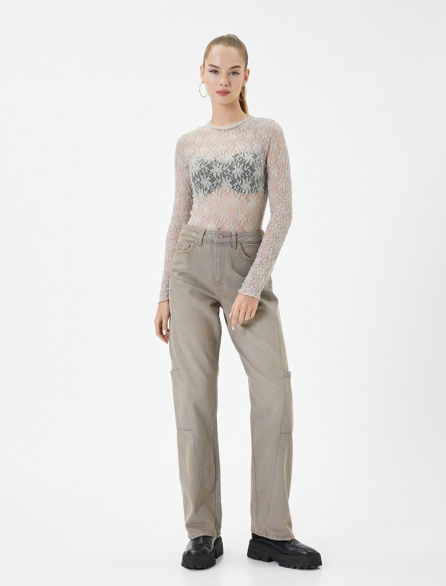   Straight Jean Kargo Kot Pantolon Düz Paça Normal Bel Cepli Pamuklu - Nora Jeans