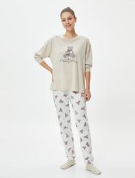 Uzun Kollu Pijama Takmı Baskılı Dar Paça Pamuklu