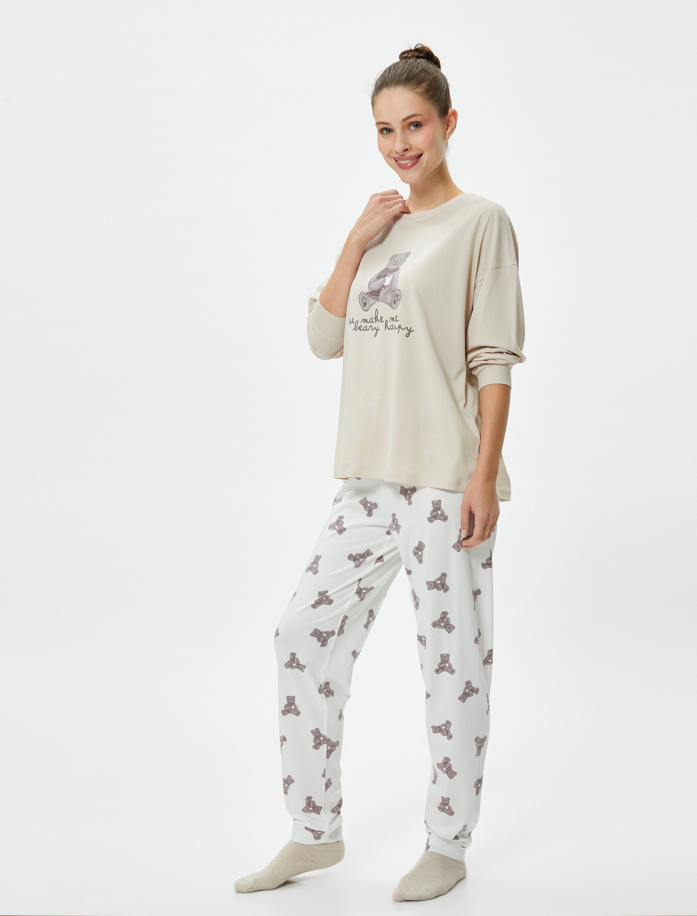   Uzun Kollu Pijama Takmı Baskılı Dar Paça Pamuklu