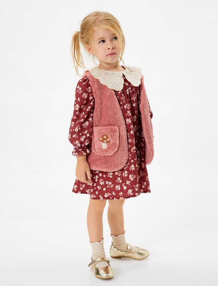 Kız Bebek Yelek Peluş V Yaka Cepli Düğme Kapamalı Aplike Detaylı