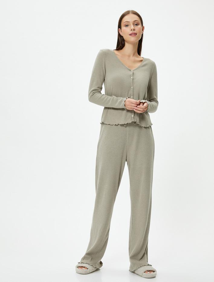  Pijama Üstü Uzun Kollu V Yaka Düğmeli Fitilli