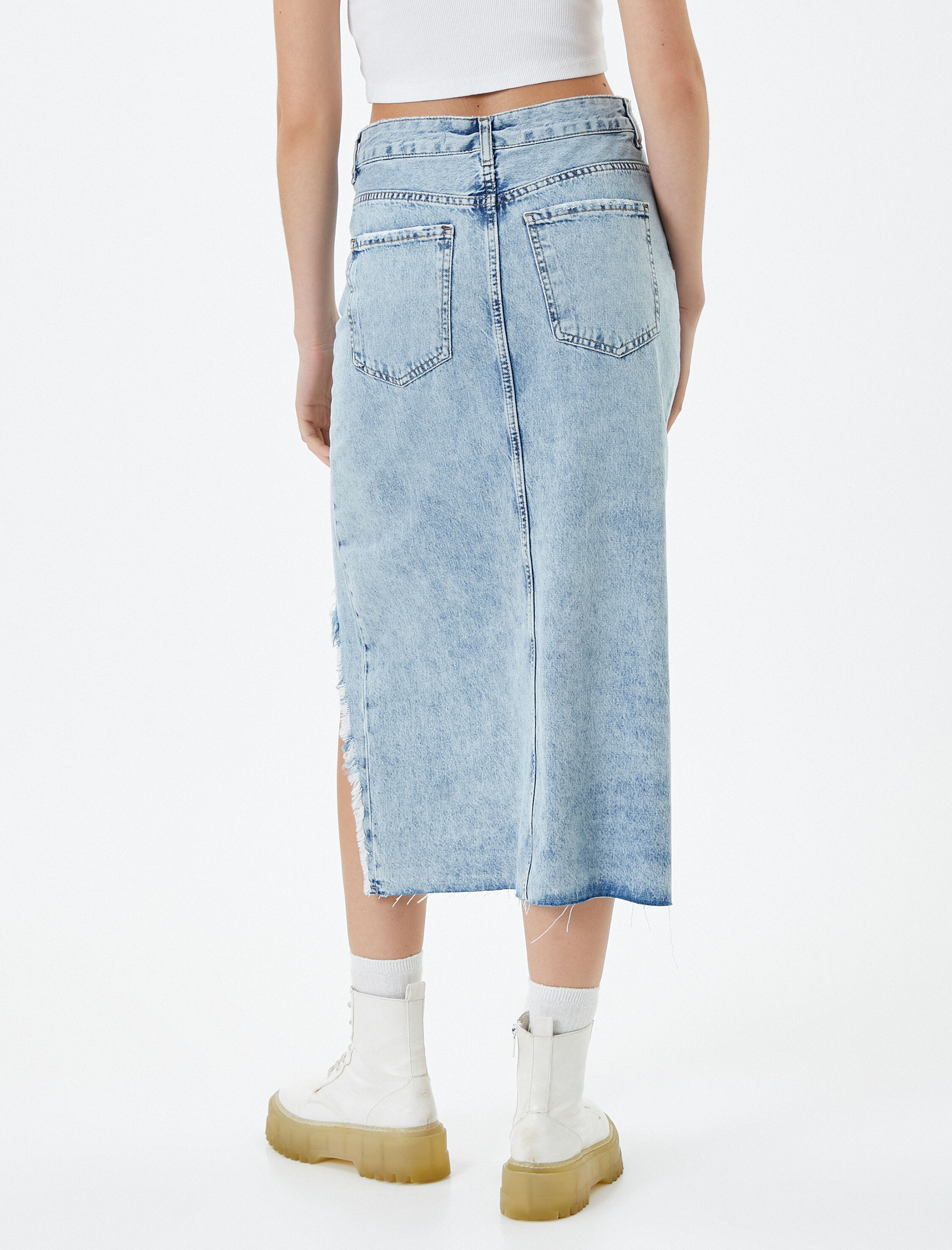   Midi Kot Etek Yırtık Yırtmaç Detaylı Standart Bel Cepli Pamuklu