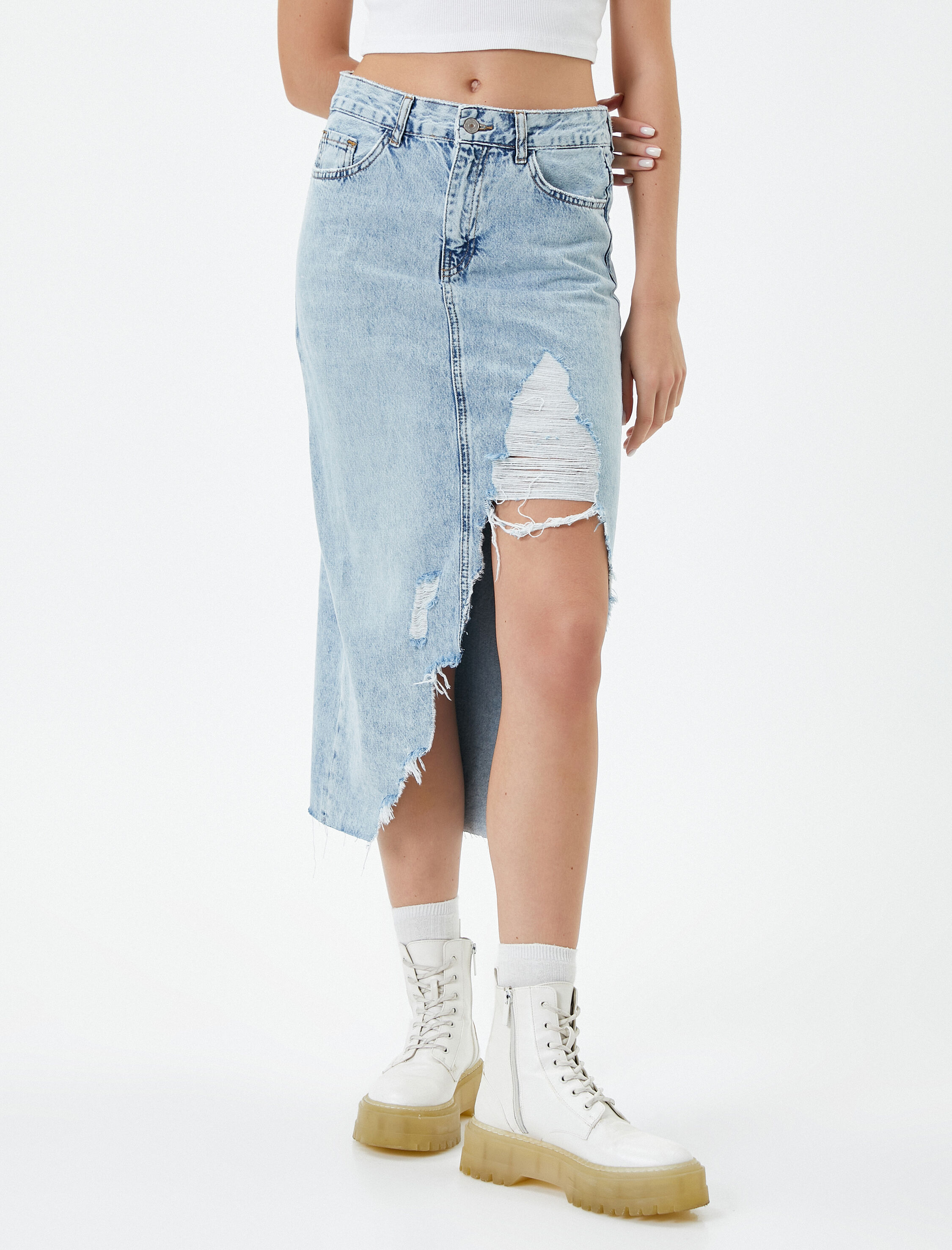   Midi Kot Etek Yırtık Yırtmaç Detaylı Standart Bel Cepli Pamuklu