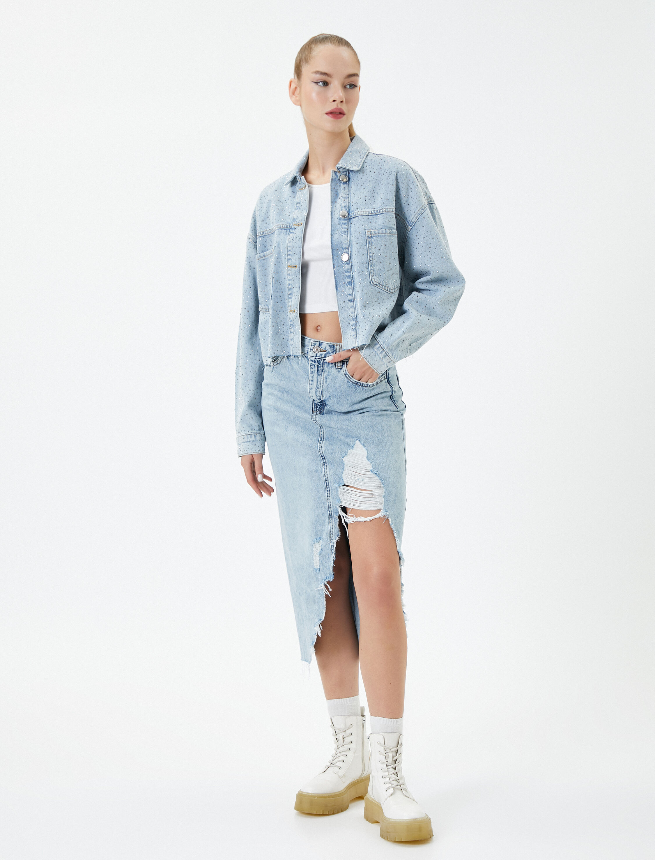   Midi Kot Etek Yırtık Yırtmaç Detaylı Standart Bel Cepli Pamuklu