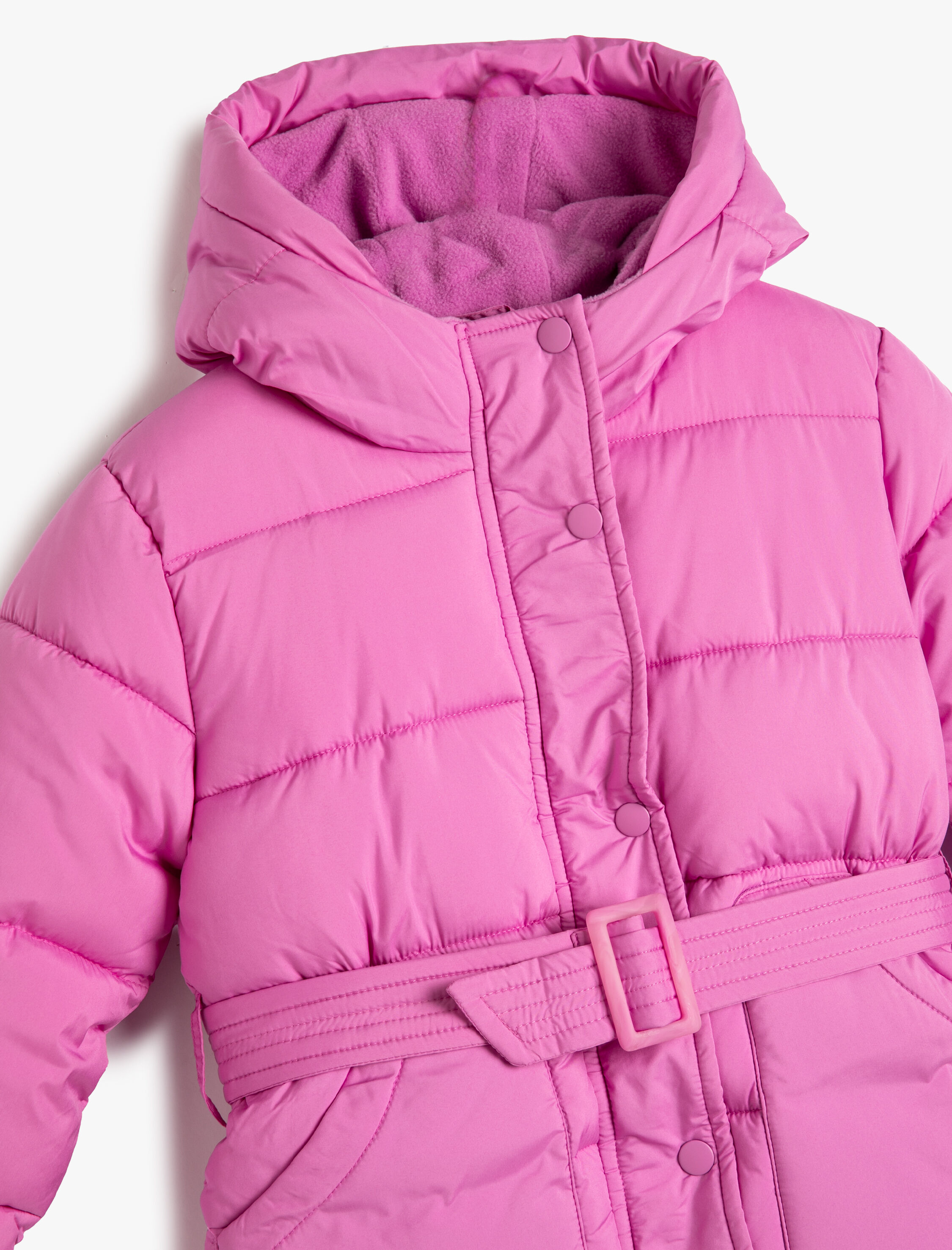  Kız Çocuk Uzun Şişme Kapşonlu Mont Kemer Detaylı İçi Polarlı