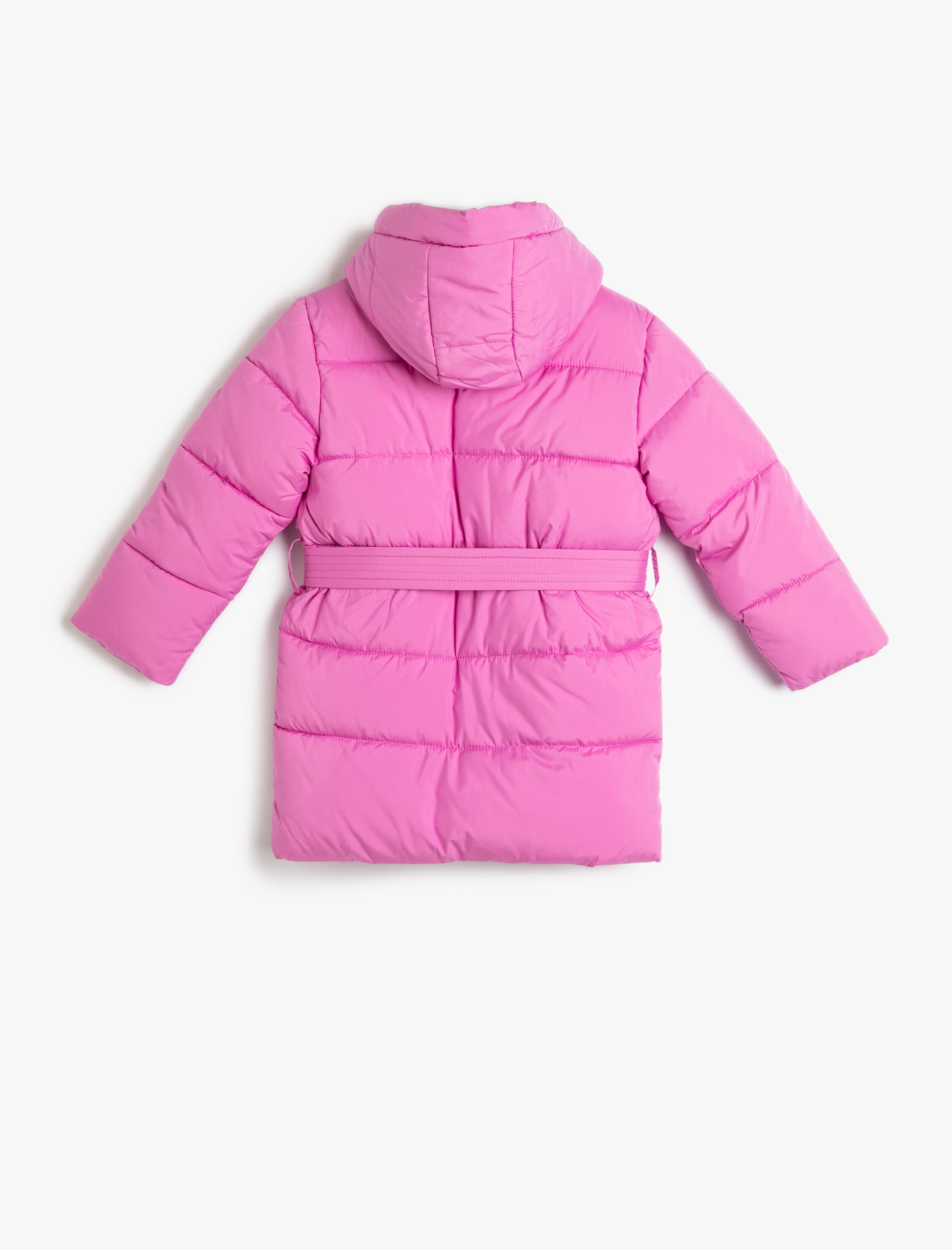  Kız Çocuk Uzun Şişme Kapşonlu Mont Kemer Detaylı İçi Polarlı