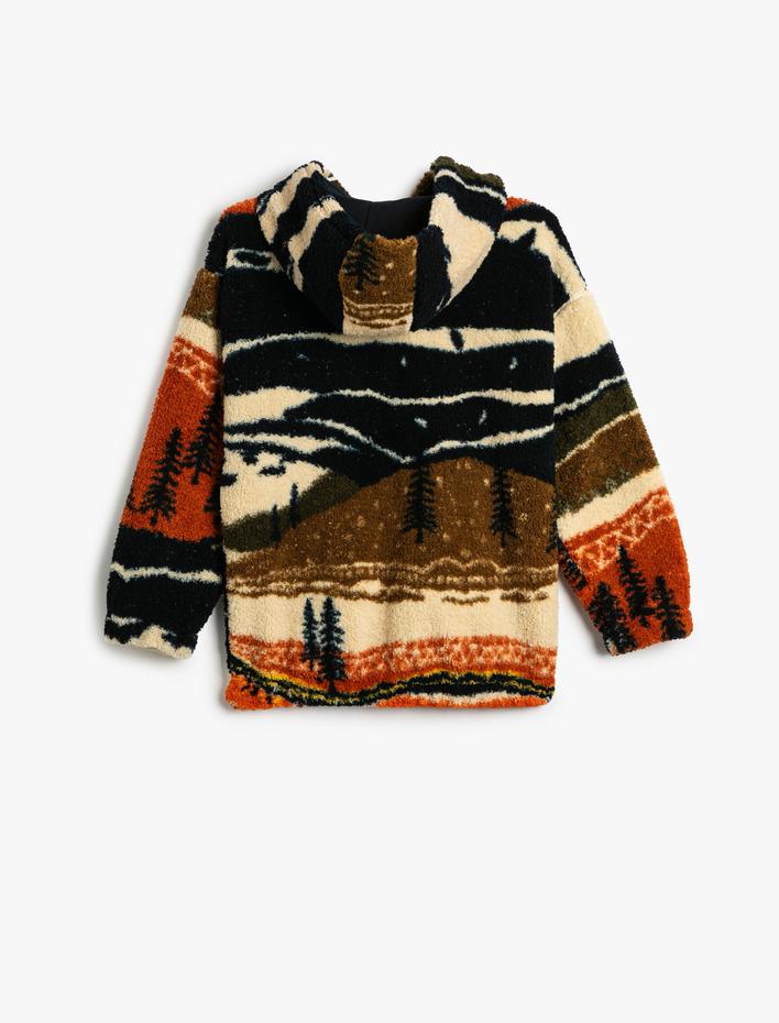 Erkek Çocuk Kapşonlu Peluş Sweatshirt Uzun Kollu Desenli