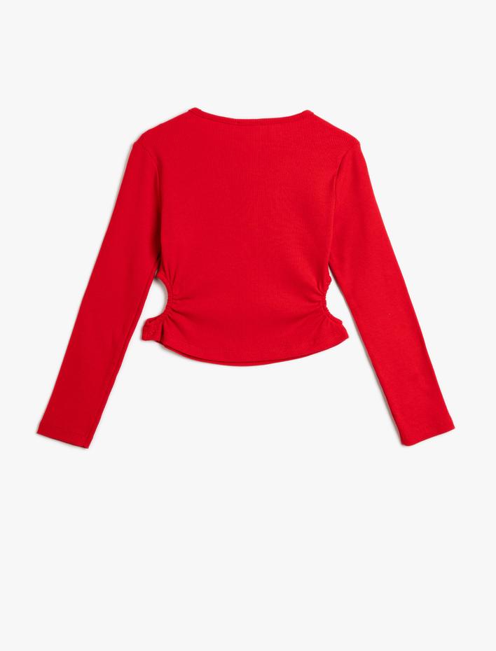 Kız Çocuk Tişört Uzun Kollu Bisiklet Yaka Pul Baskılı Pencere Detaylı Pamuklu