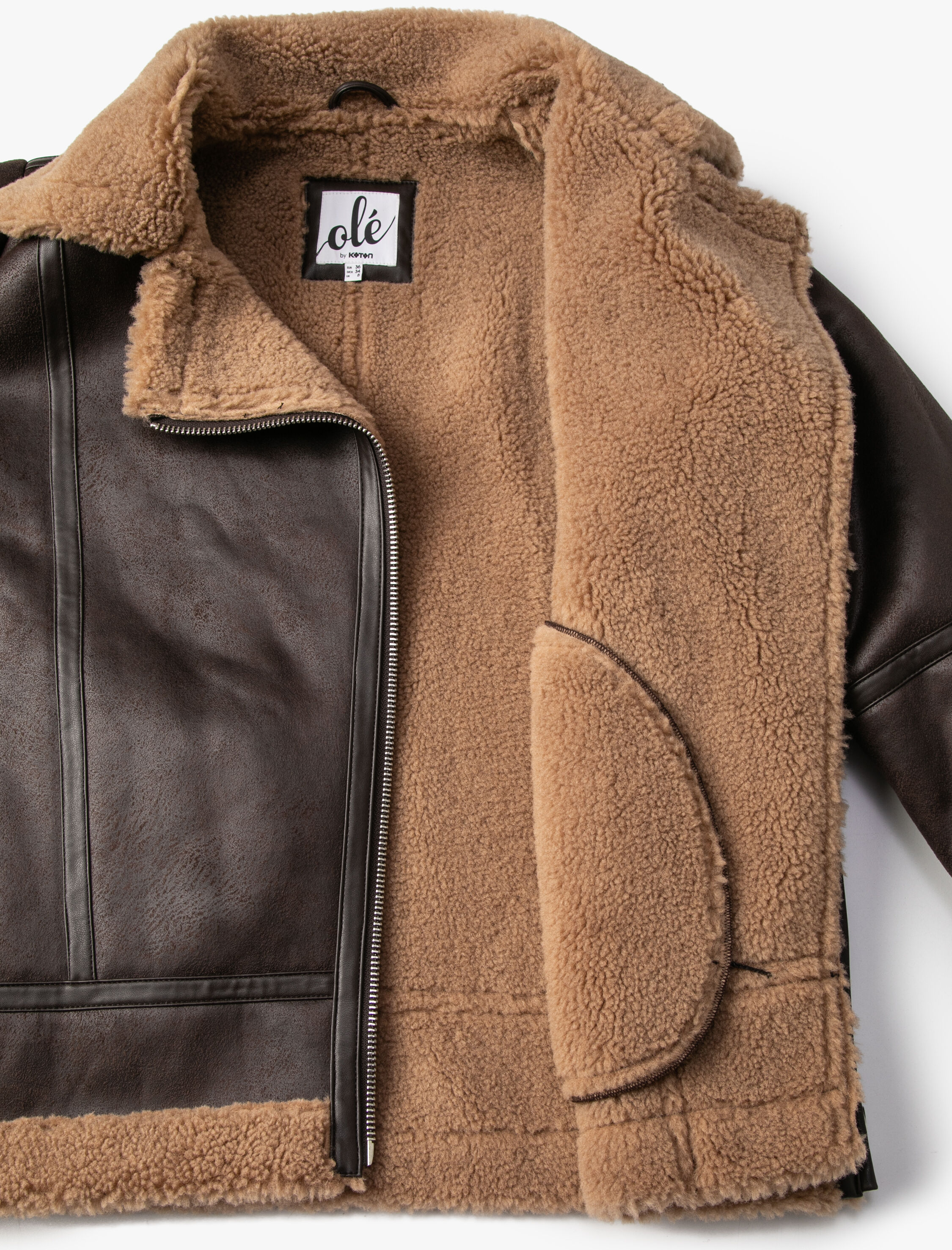   Biker Ceket Deri Görünümlü Suni Kürklü Cepli Fermuarlı