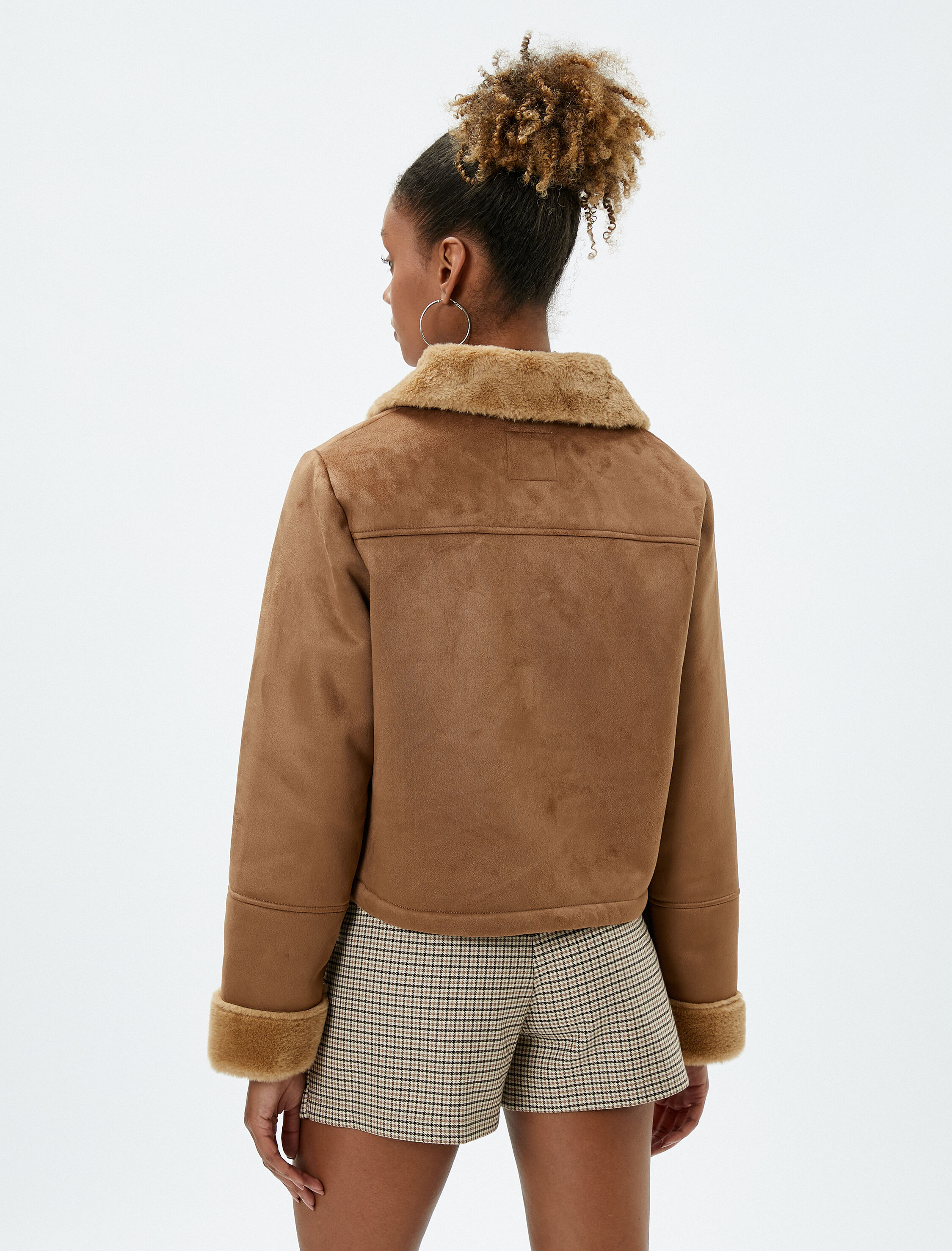 Biker Ceket Süet Görünümlü Cepli Yakaları ve Astarı Peluş