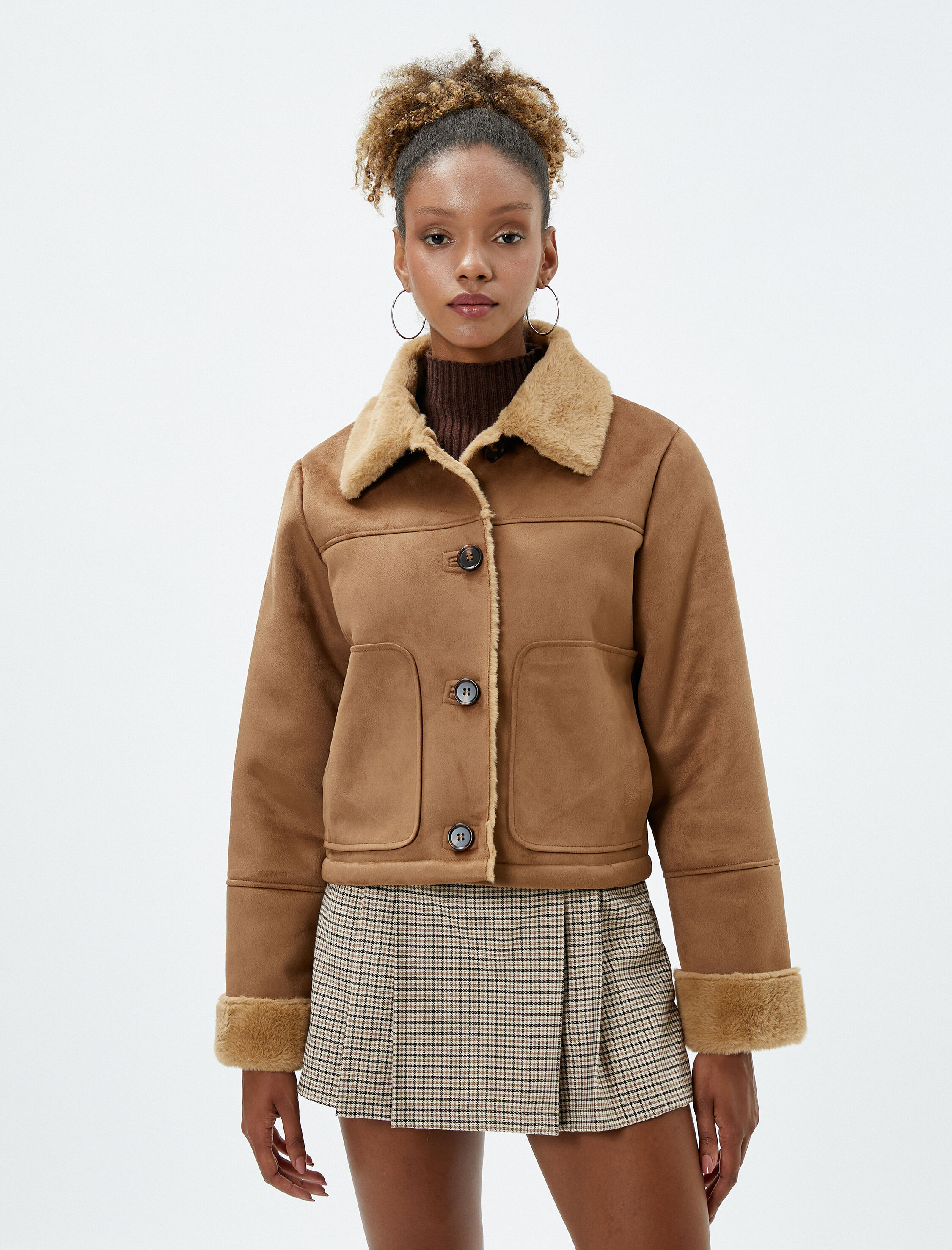 Biker Ceket Süet Görünümlü Cepli Yakaları ve Astarı Peluş