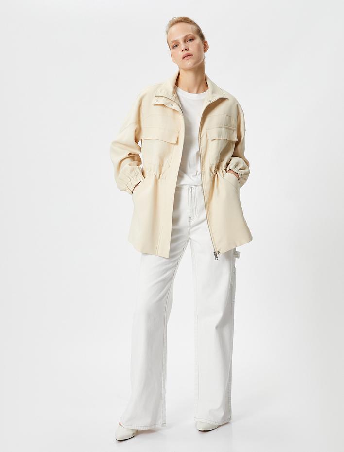  Fermuarlı Ceket Cep Detaylı Beli Büzgülü Dökümlü