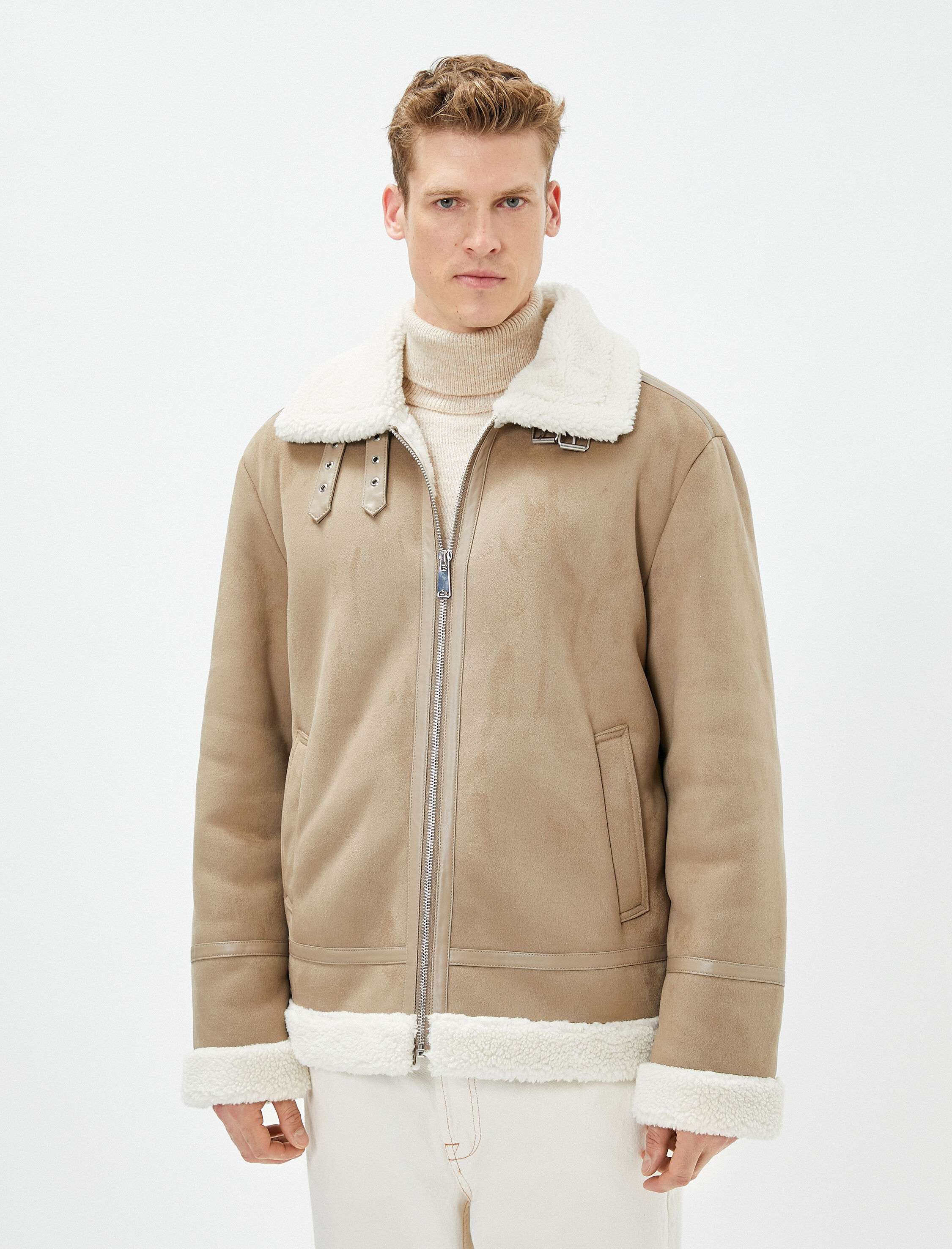   Süet Görünümlü Ceket İçi Peluşlu Cep Detaylı Fermuarlı