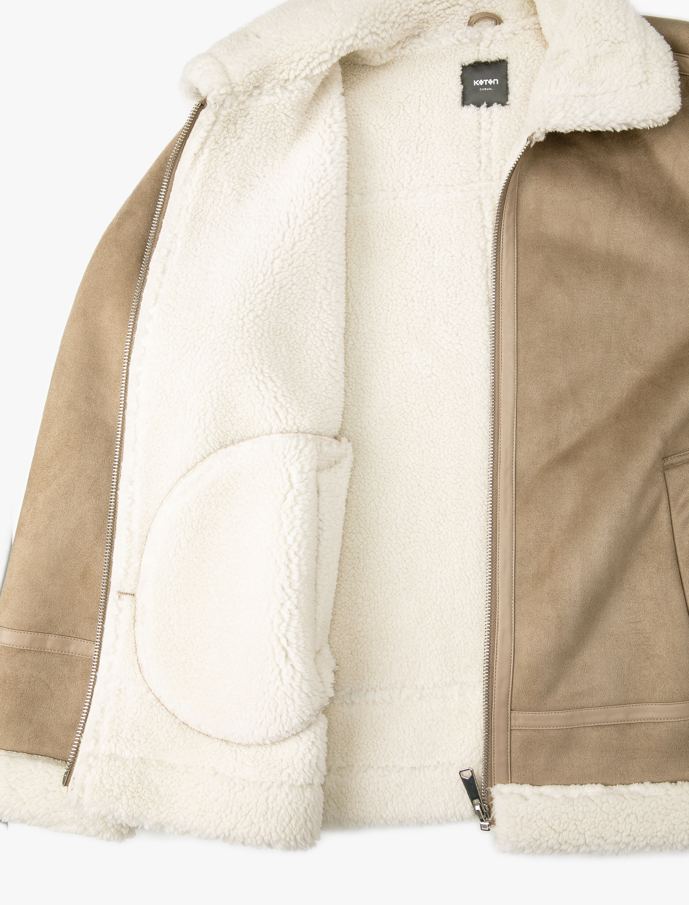   Süet Görünümlü Ceket İçi Peluşlu Cep Detaylı Fermuarlı