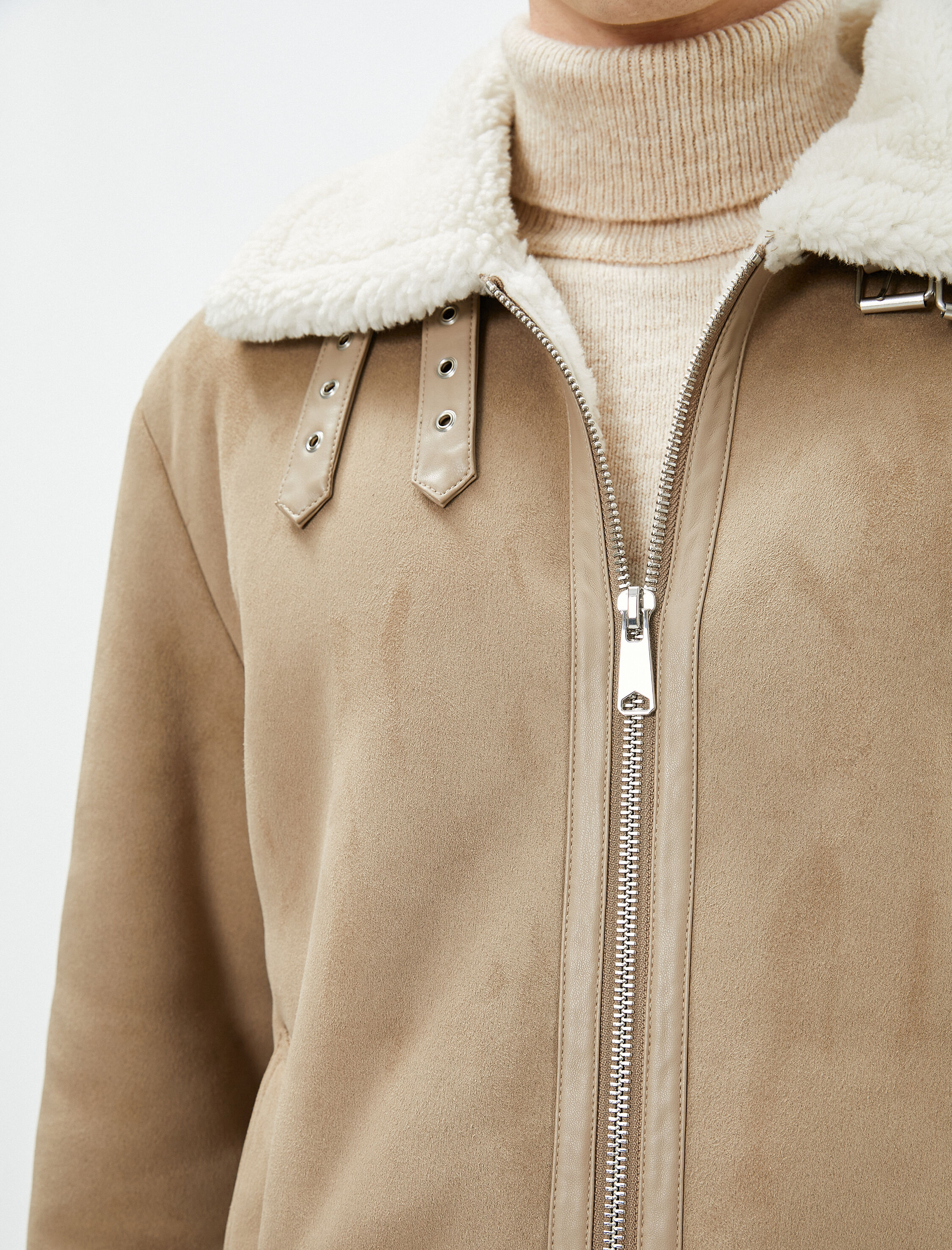   Süet Görünümlü Ceket İçi Peluşlu Cep Detaylı Fermuarlı