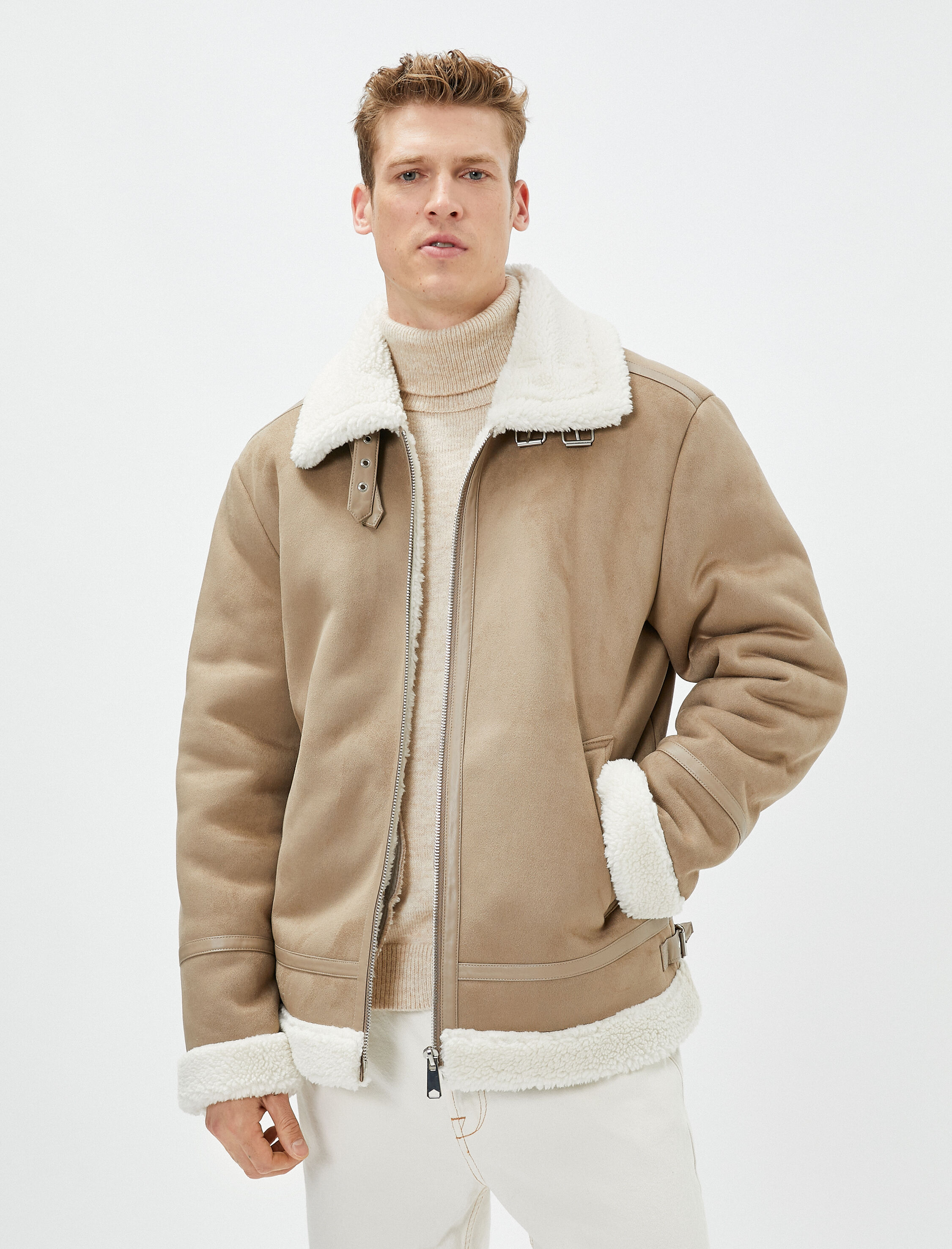   Süet Görünümlü Ceket İçi Peluşlu Cep Detaylı Fermuarlı