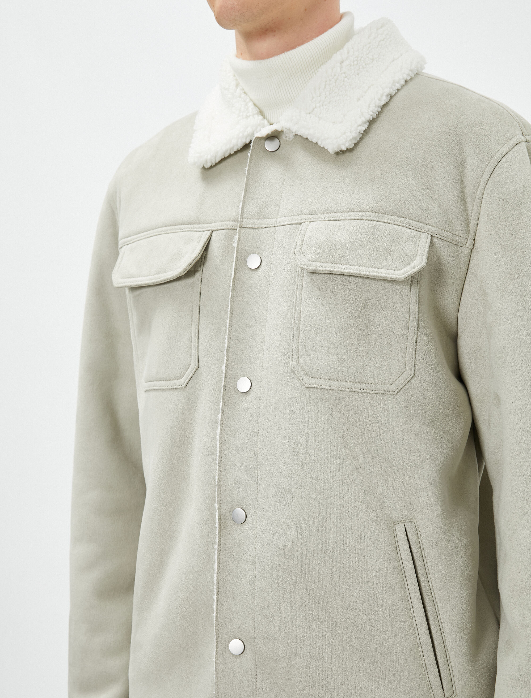   Süet Görünümlü Ceket İçi Peluşlu Cep Detaylı Çıtçıt Düğmeli