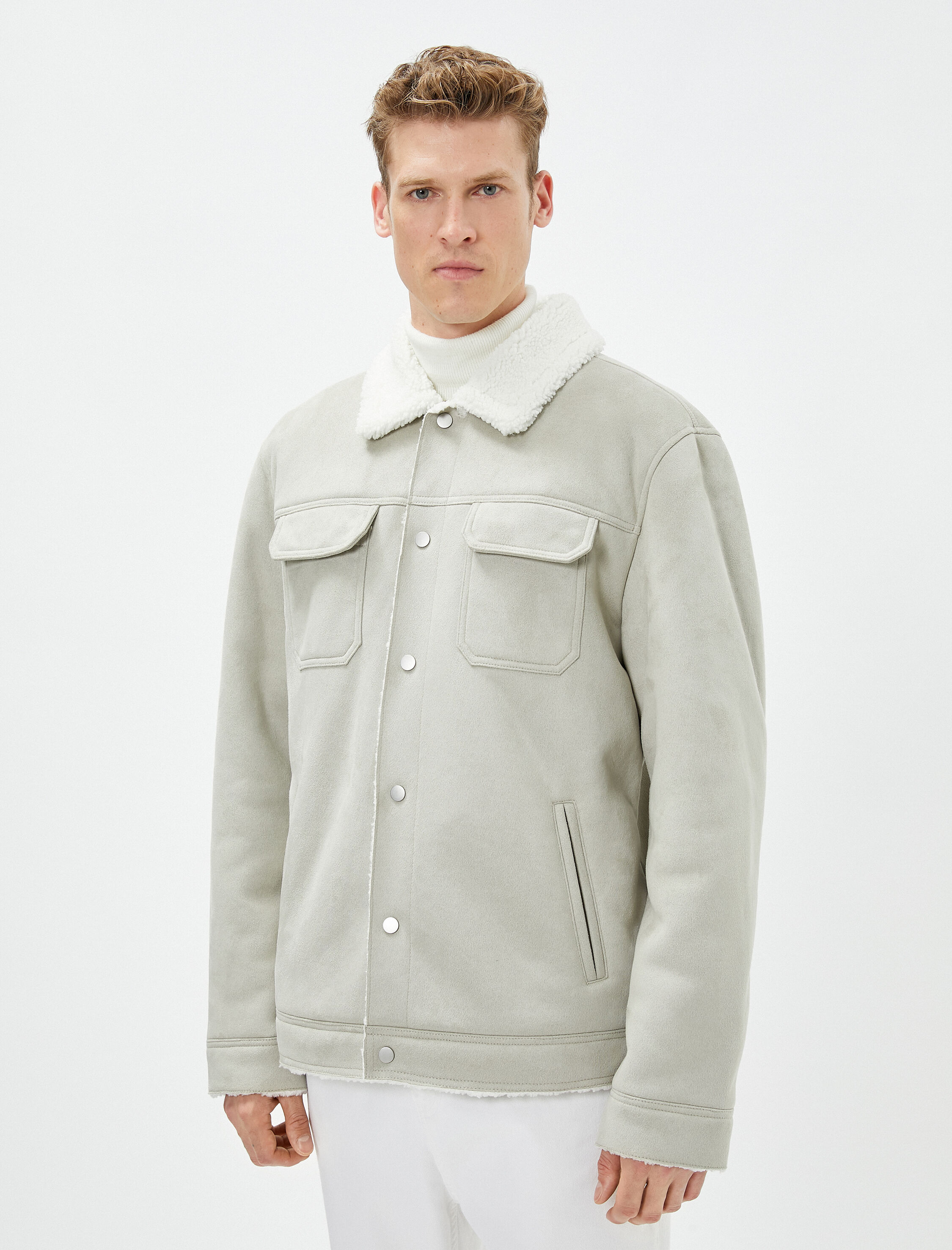   Süet Görünümlü Ceket İçi Peluşlu Cep Detaylı Çıtçıt Düğmeli