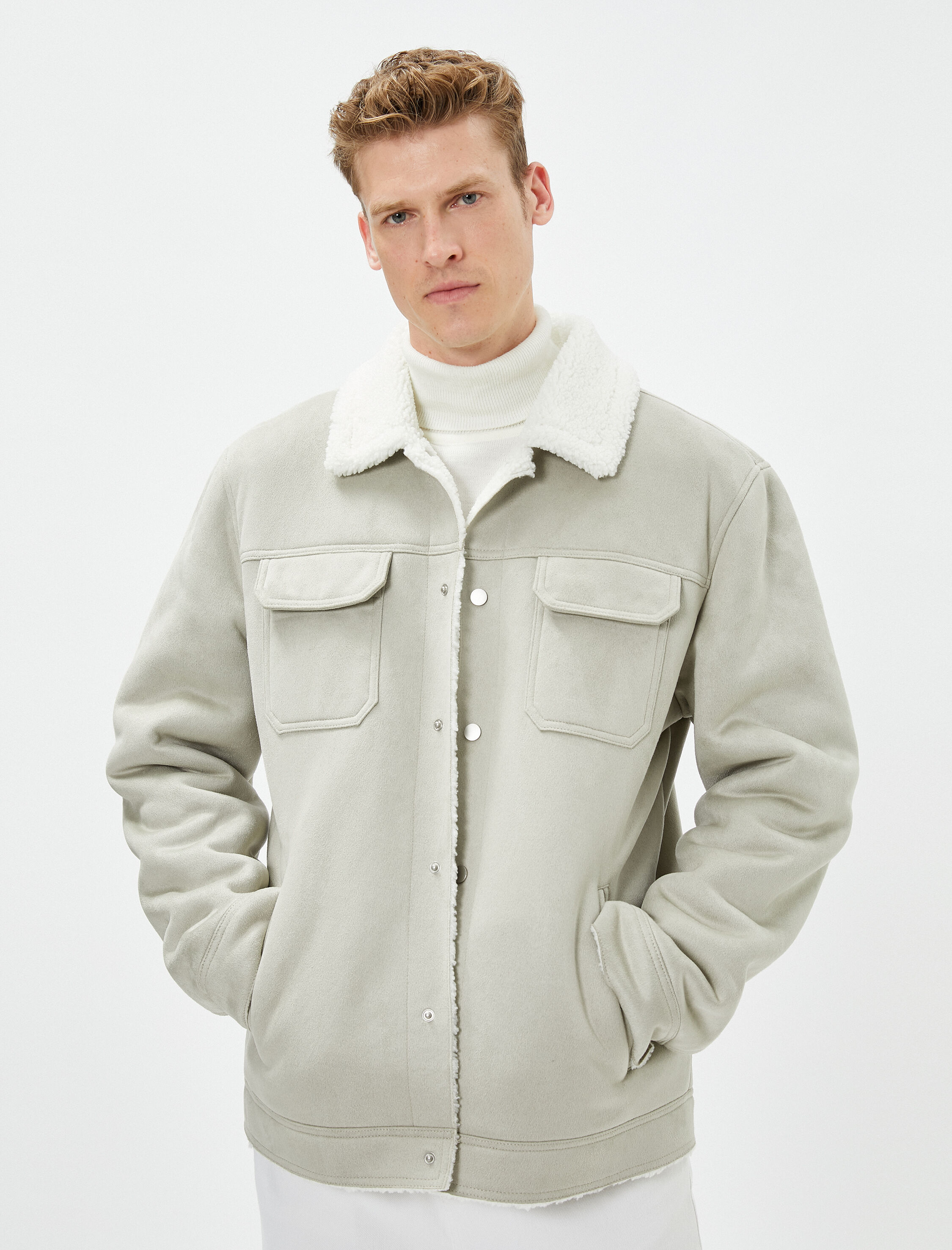   Süet Görünümlü Ceket İçi Peluşlu Cep Detaylı Çıtçıt Düğmeli