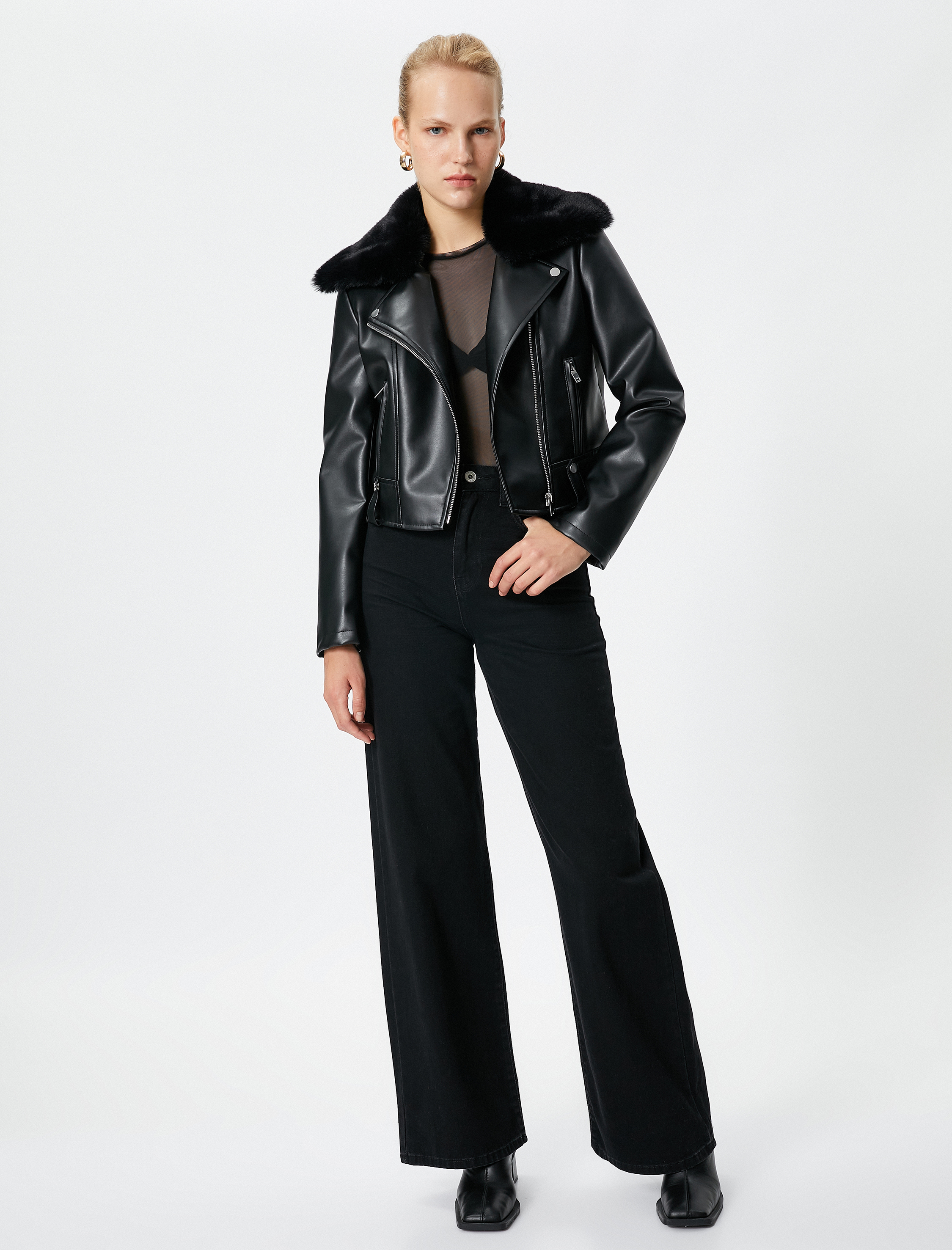   Biker Ceket Suni Deri Fermuarlı Suni Kürk Detaylı