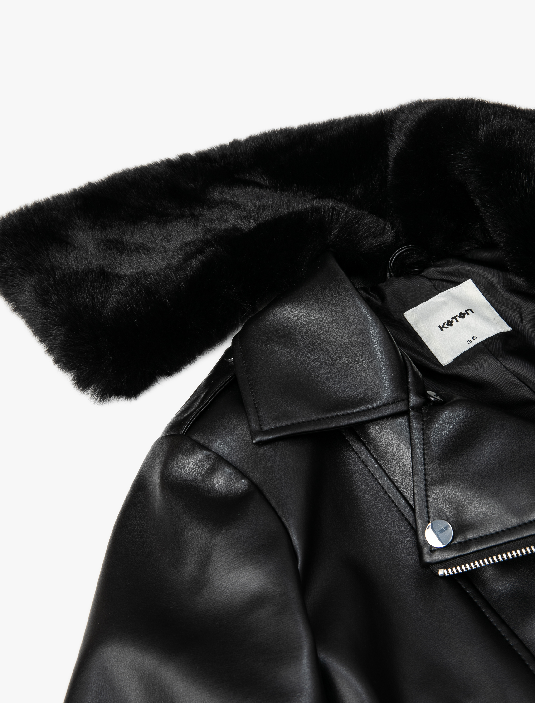   Biker Ceket Suni Deri Fermuarlı Suni Kürk Detaylı