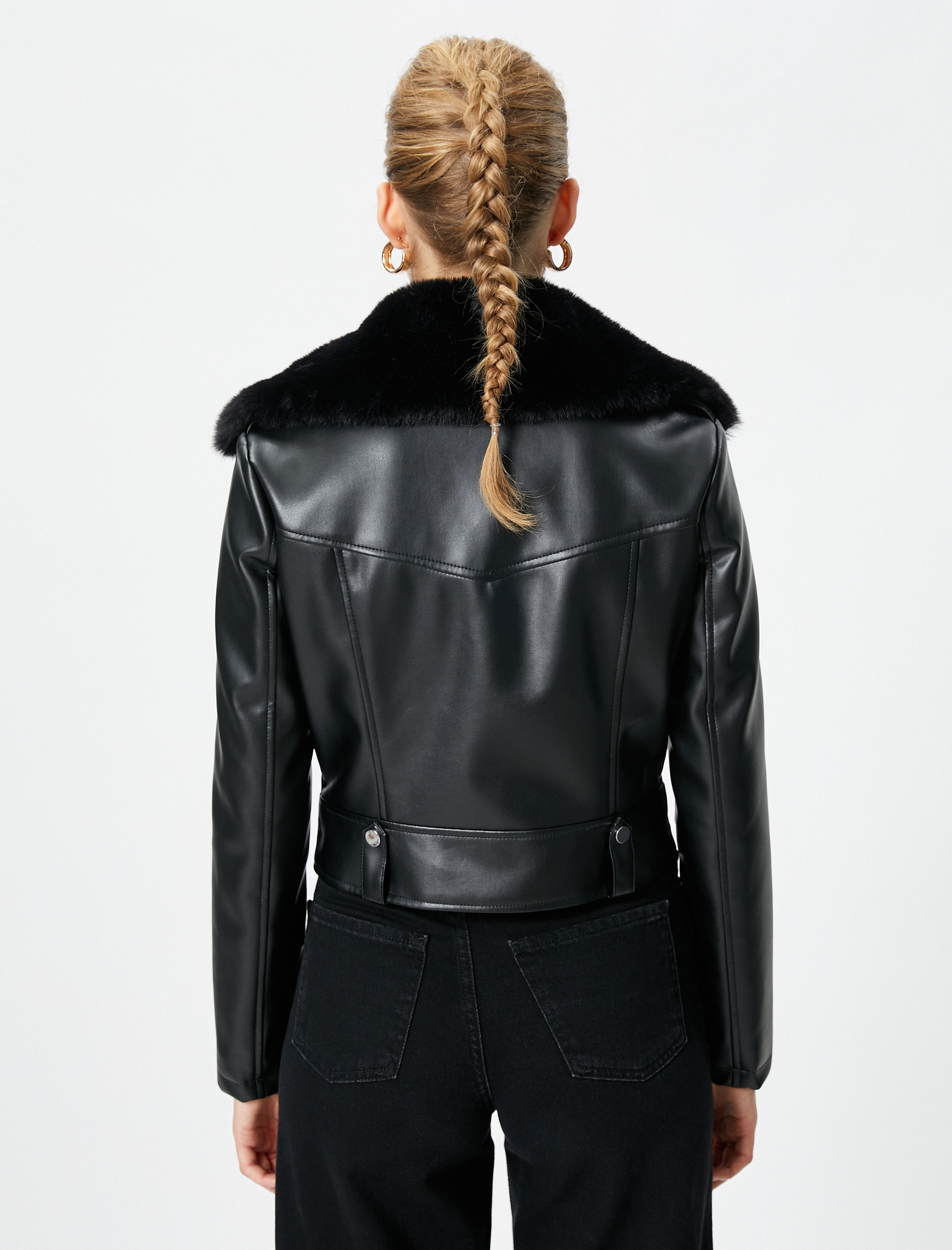   Biker Ceket Suni Deri Fermuarlı Suni Kürk Detaylı
