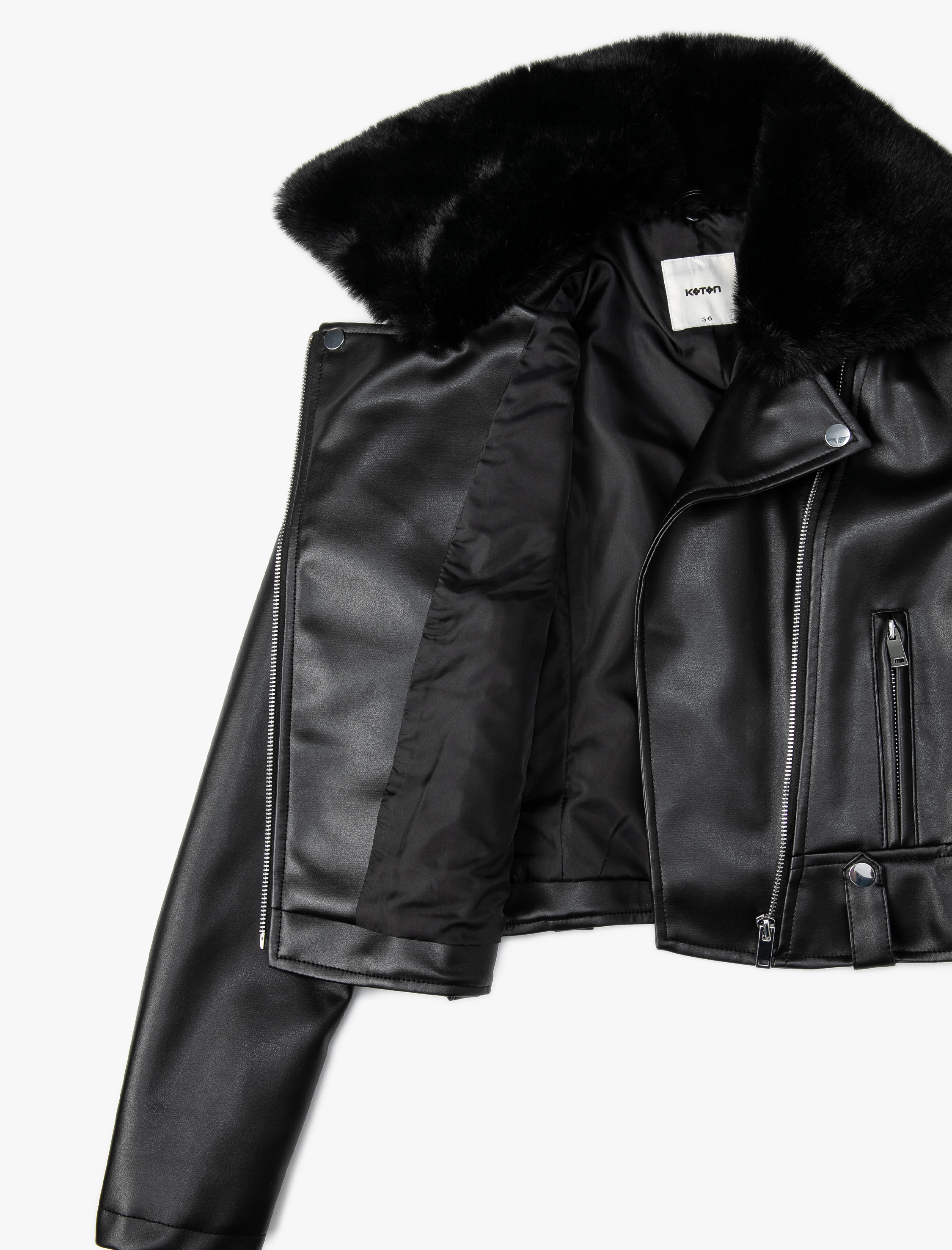   Biker Ceket Suni Deri Fermuarlı Suni Kürk Detaylı