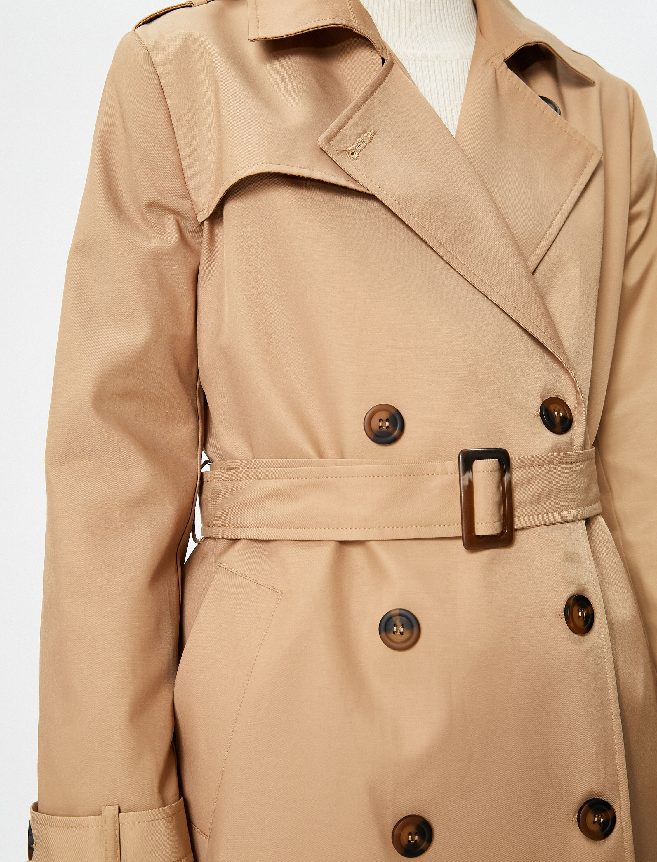   Kemerli Trençkot Kruvaze Kapama Rüzgarlık Detaylı Cepli