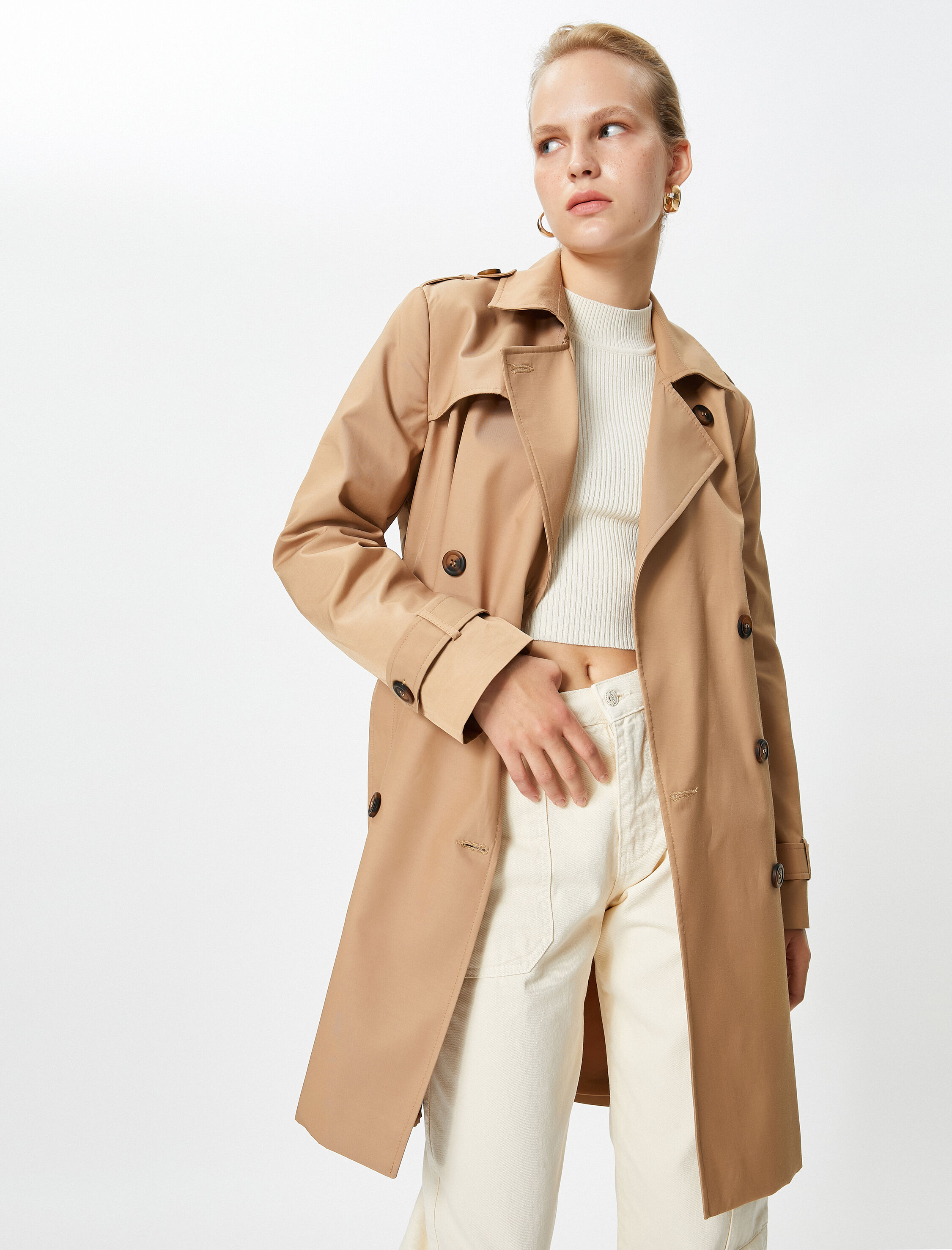   Kemerli Trençkot Kruvaze Kapama Rüzgarlık Detaylı Cepli