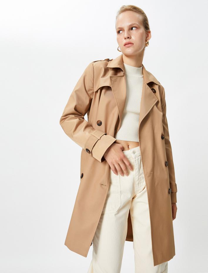  Kemerli Trençkot Kruvaze Kapama Rüzgarlık Detaylı Cepli