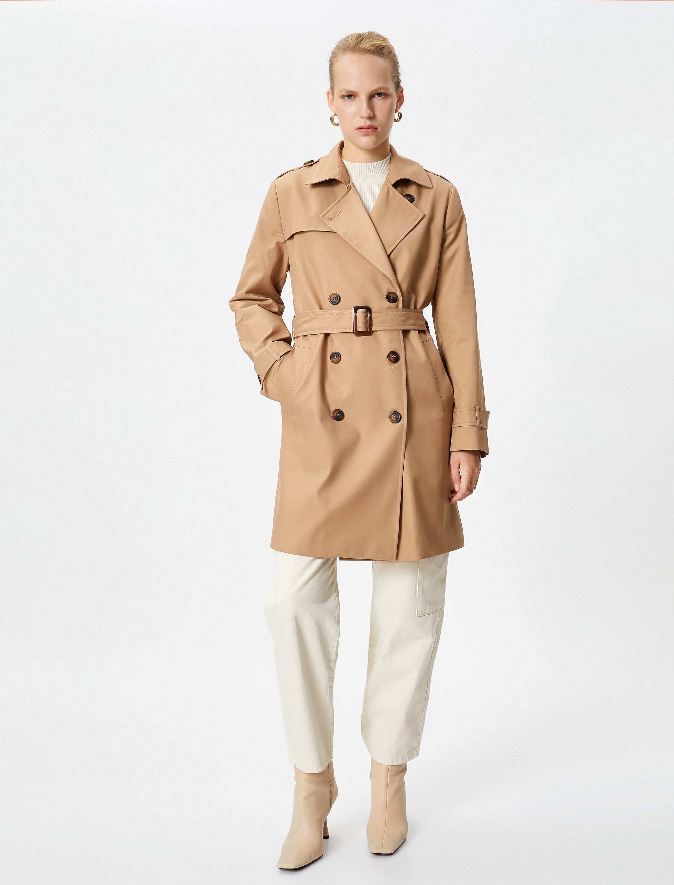   Kemerli Trençkot Kruvaze Kapama Rüzgarlık Detaylı Cepli