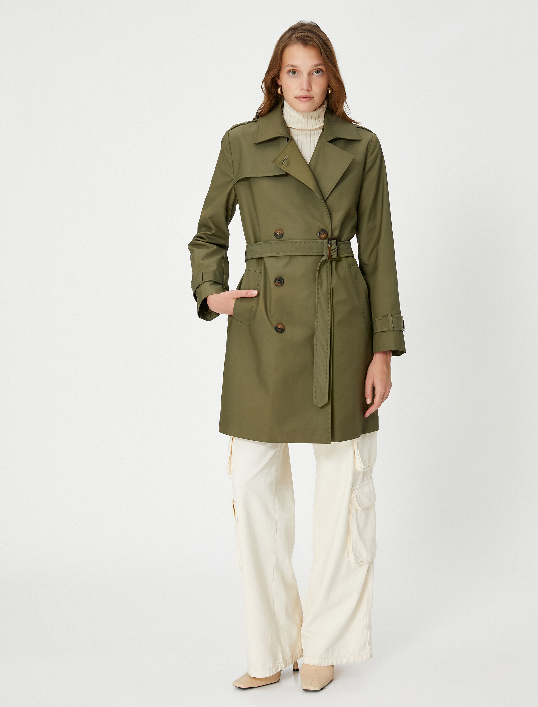 Kemerli Trençkot Kruvaze Kapama Rüzgarlık Detaylı Cepli