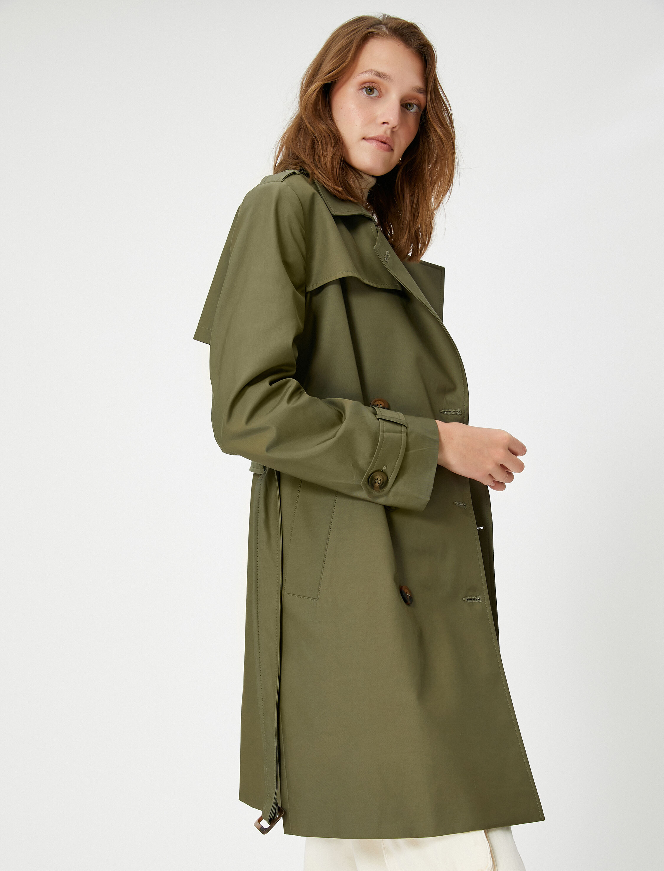 Kemerli Trençkot Kruvaze Kapama Rüzgarlık Detaylı Cepli