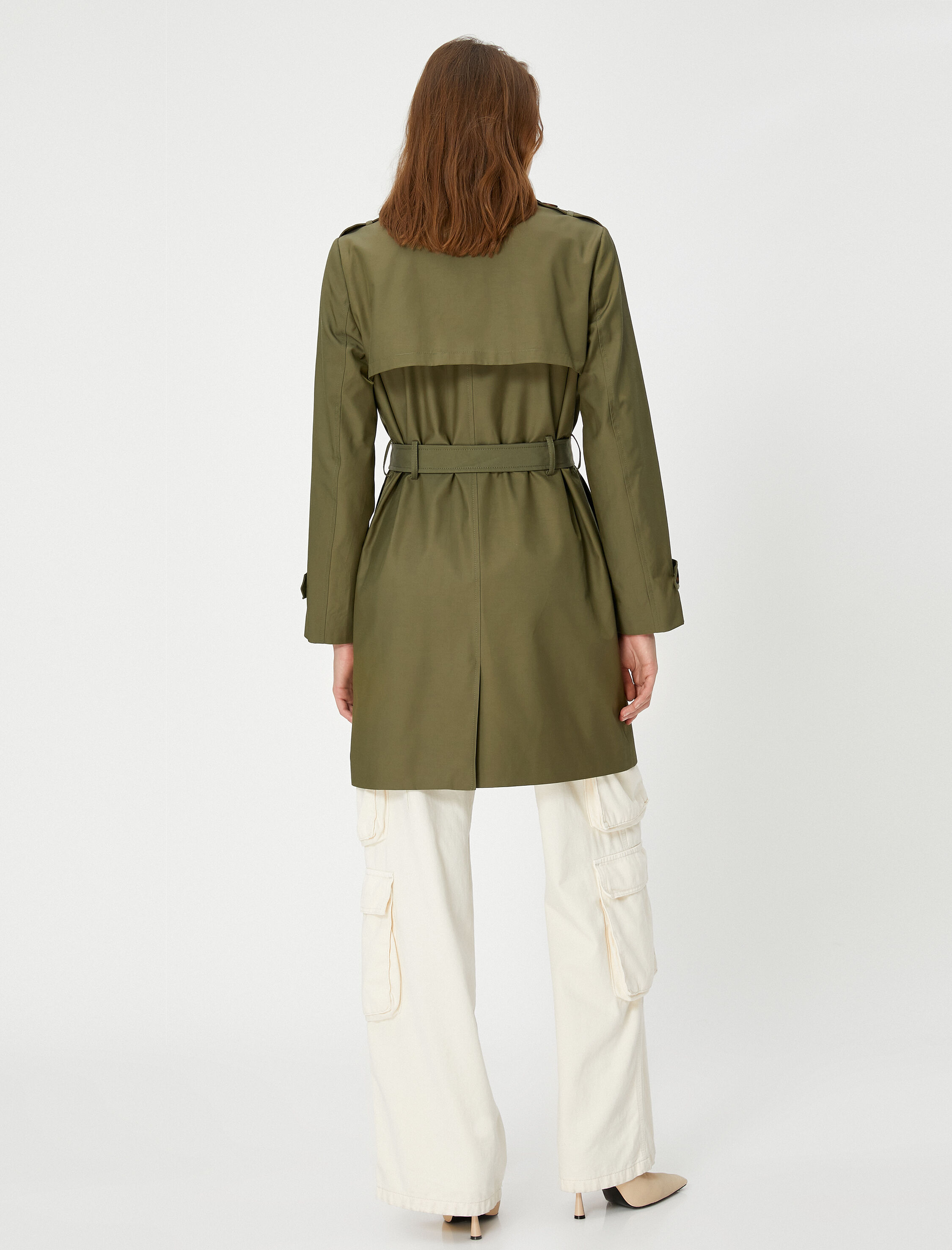 Kemerli Trençkot Kruvaze Kapama Rüzgarlık Detaylı Cepli